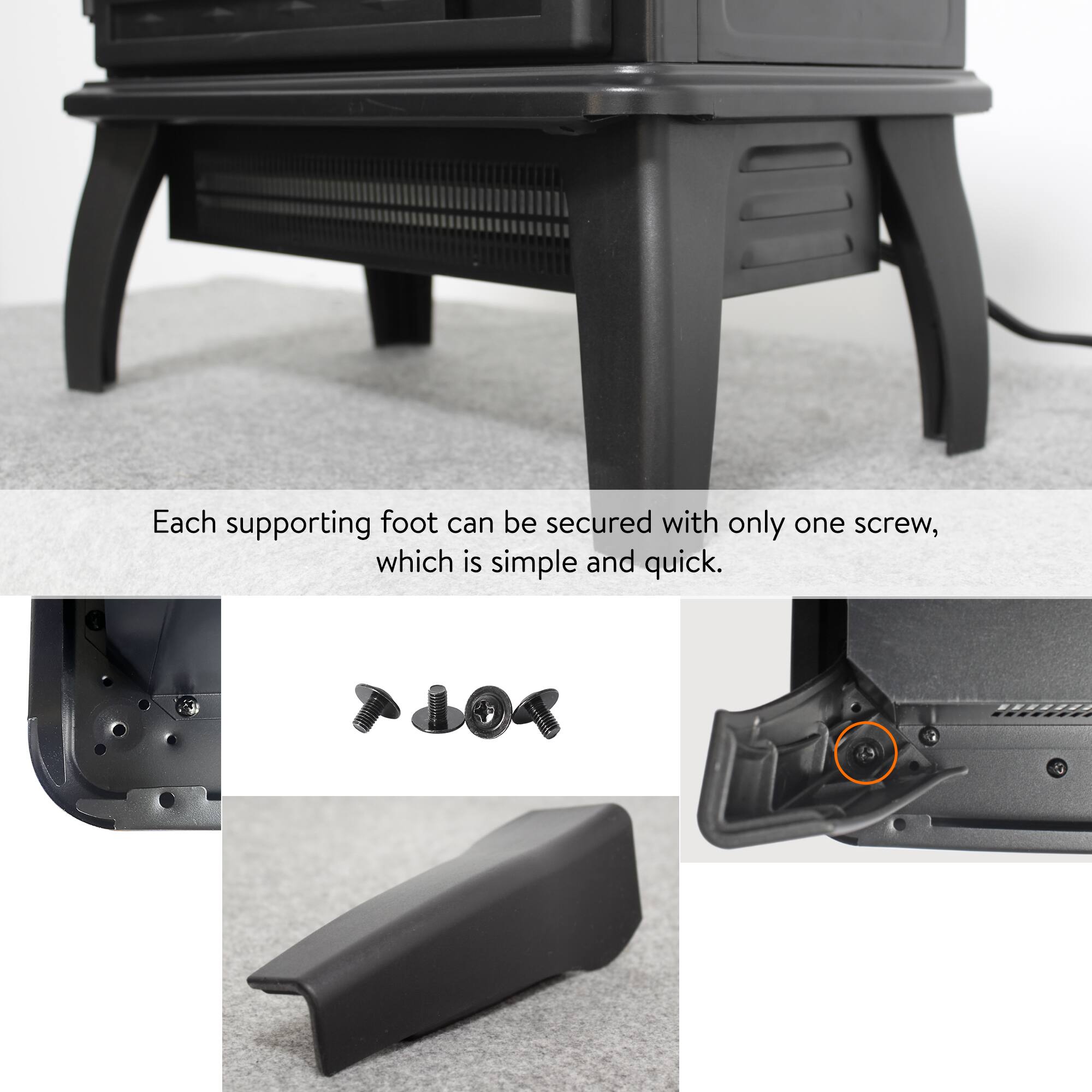 Each supporting foot can be secured with only one screw, which is simple and quick.