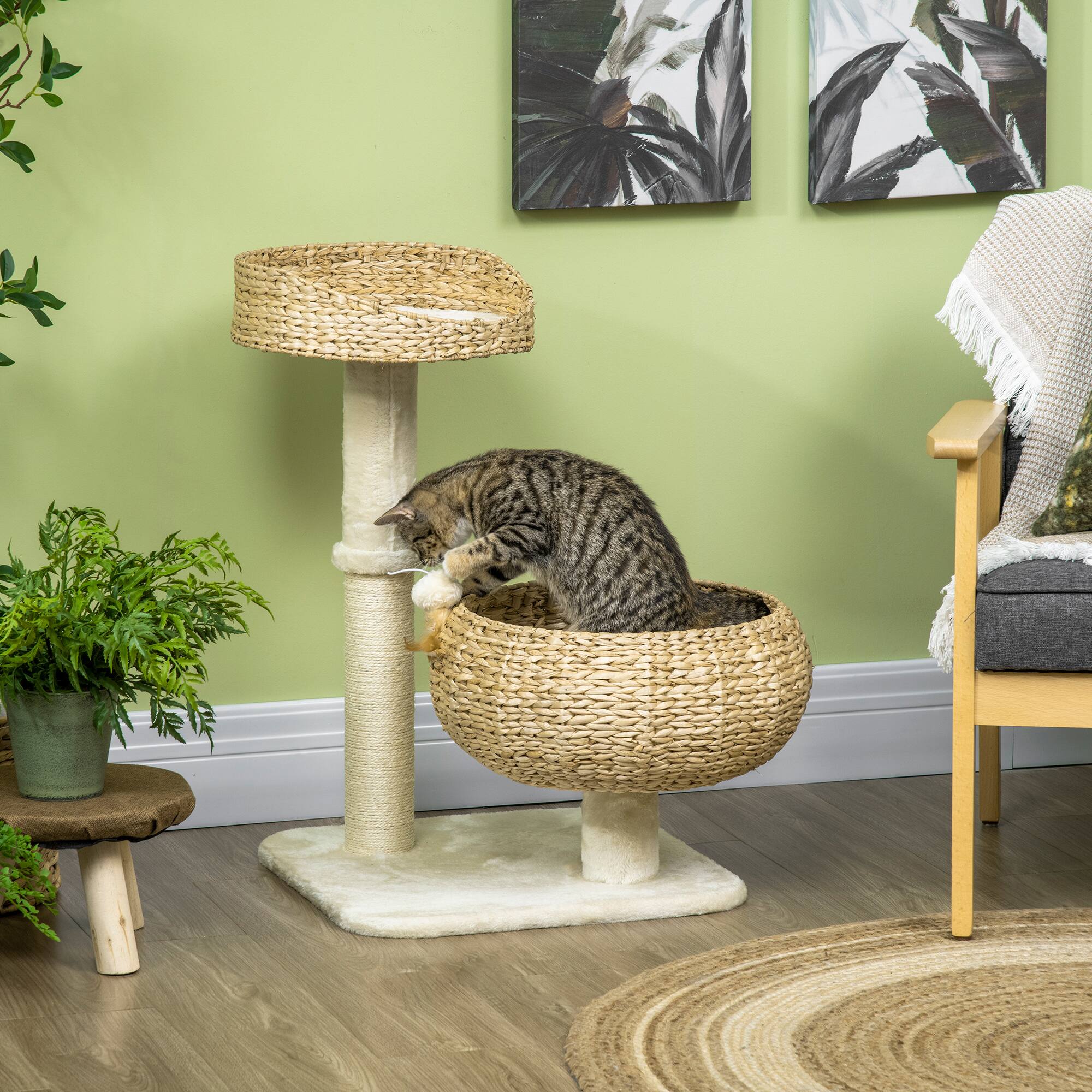 Angle. Pawhut - 28" Elevated Cat Bed with Sisal Scratching Post, Modern Cat Tree with Cute Basket Design, Cat Tree with Fun Ball Toy - Beige.