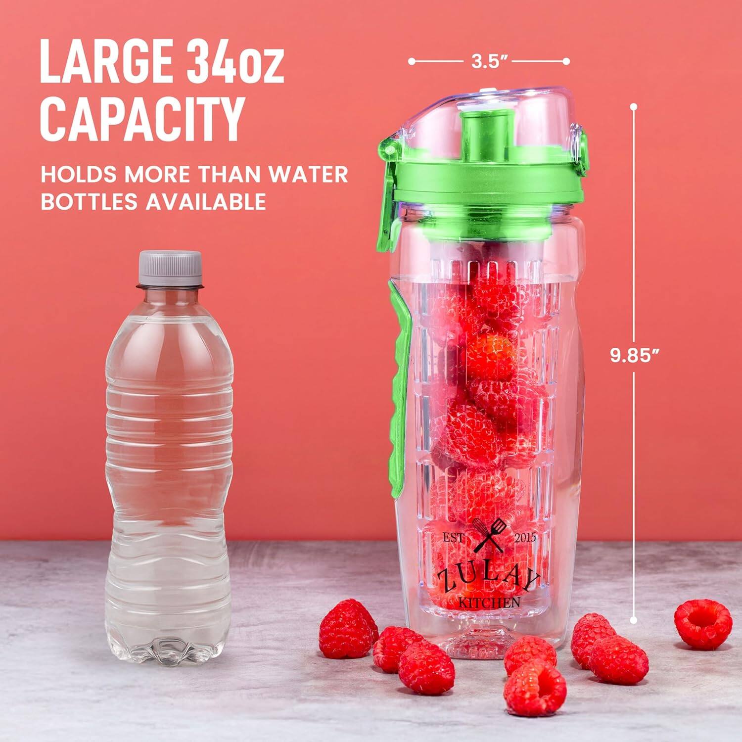 LARGE 34oz CAPACITY  
HOLDS MORE THAN WATER BOTTLES AVAILABLE  

3.5"  
9.85"  

EST 2015  
LULU KITCHEN