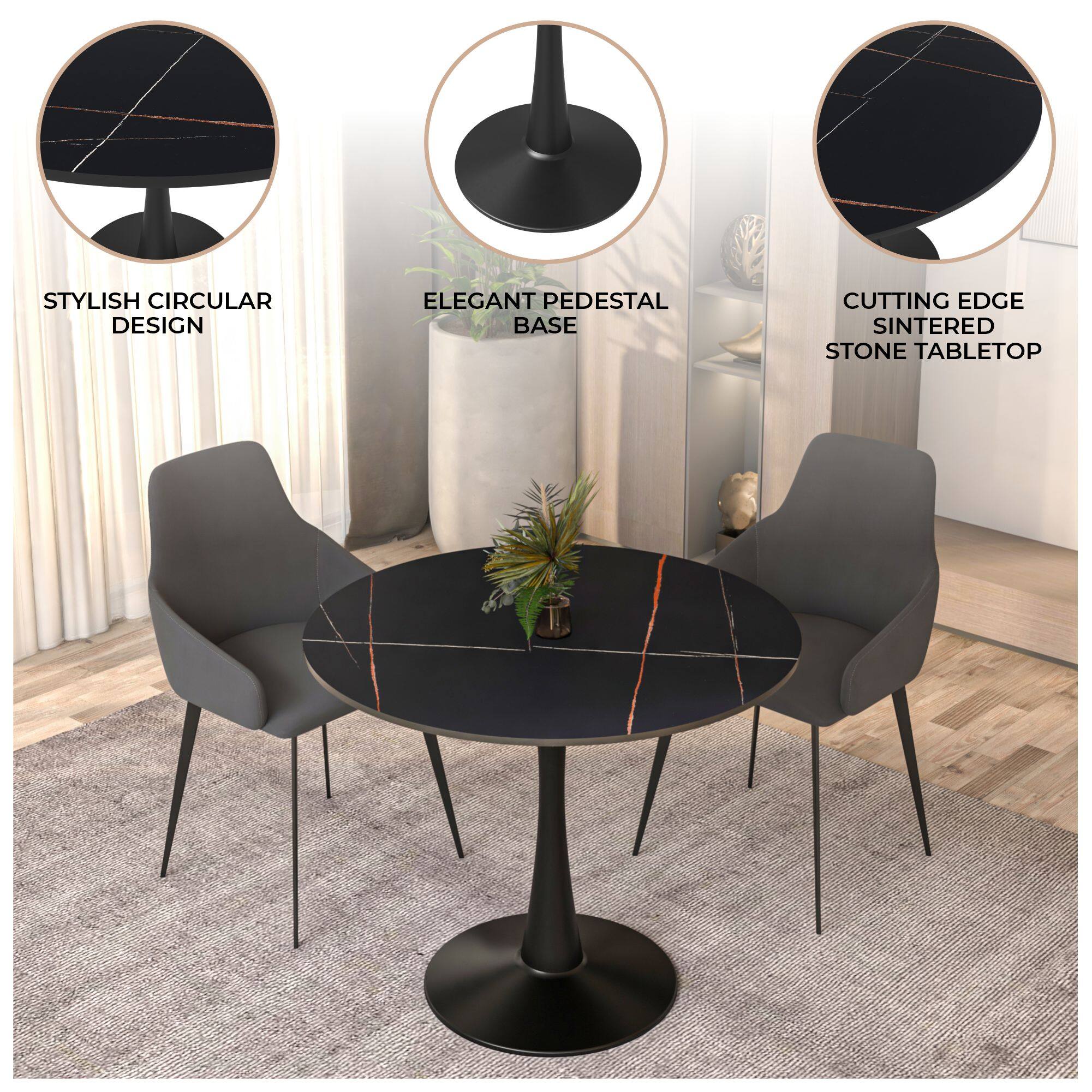 STYLISH CIRCULAR DESIGN  
ELEGANT PEDESTAL BASE  
CUTTING EDGE SINTERED STONE TABLETOP