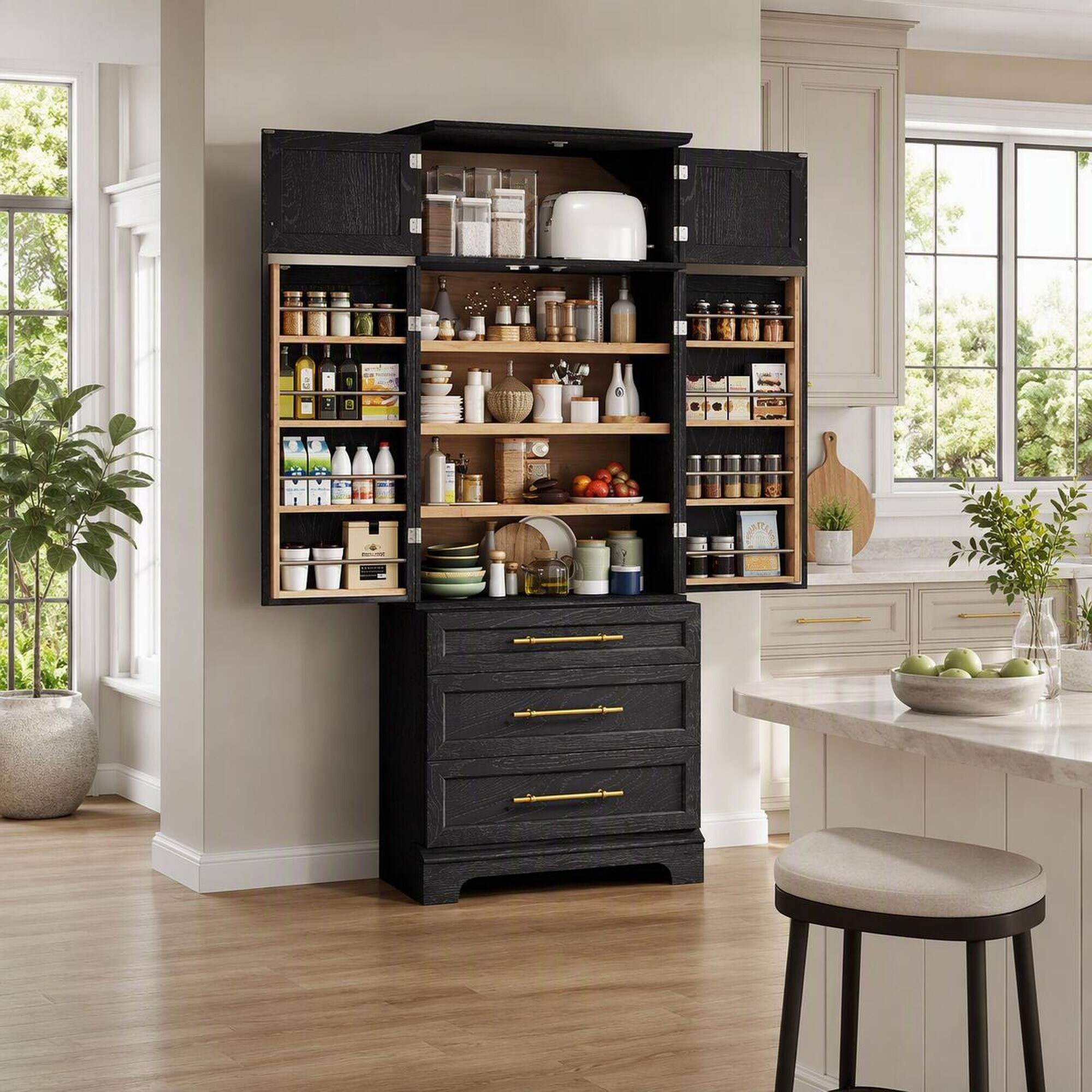 RYHNUYNE 78.2 Inch Farmhouse Kitchen Pantry Cabinet with 3 Adjustable ...