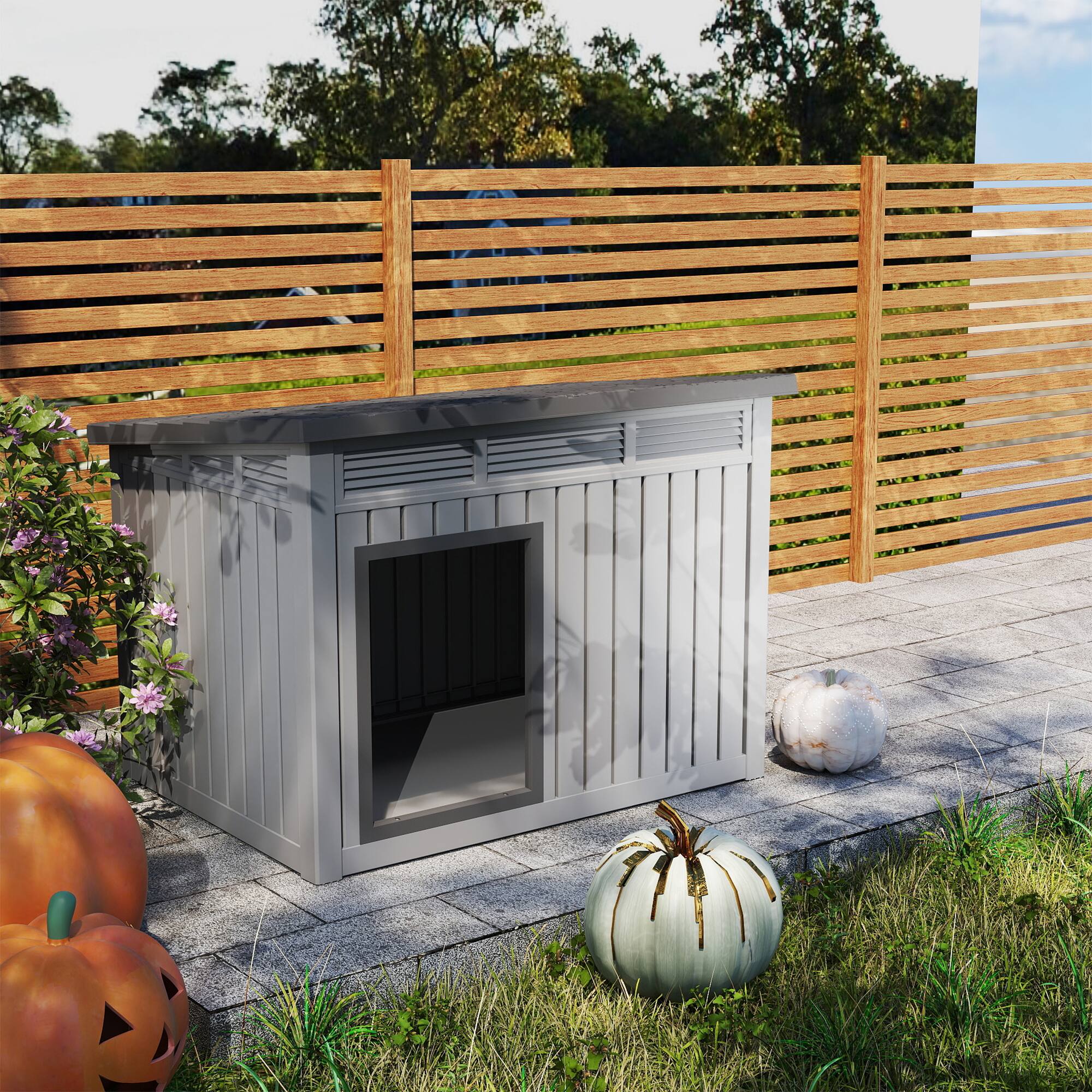 Left. Yardgrace - 204 Large Dog House - Weatherproof, Removable Roof, Louvered Vents, Asphalt Roof, Elevated Base, Indoor/Outdoor Kennel - Grey.