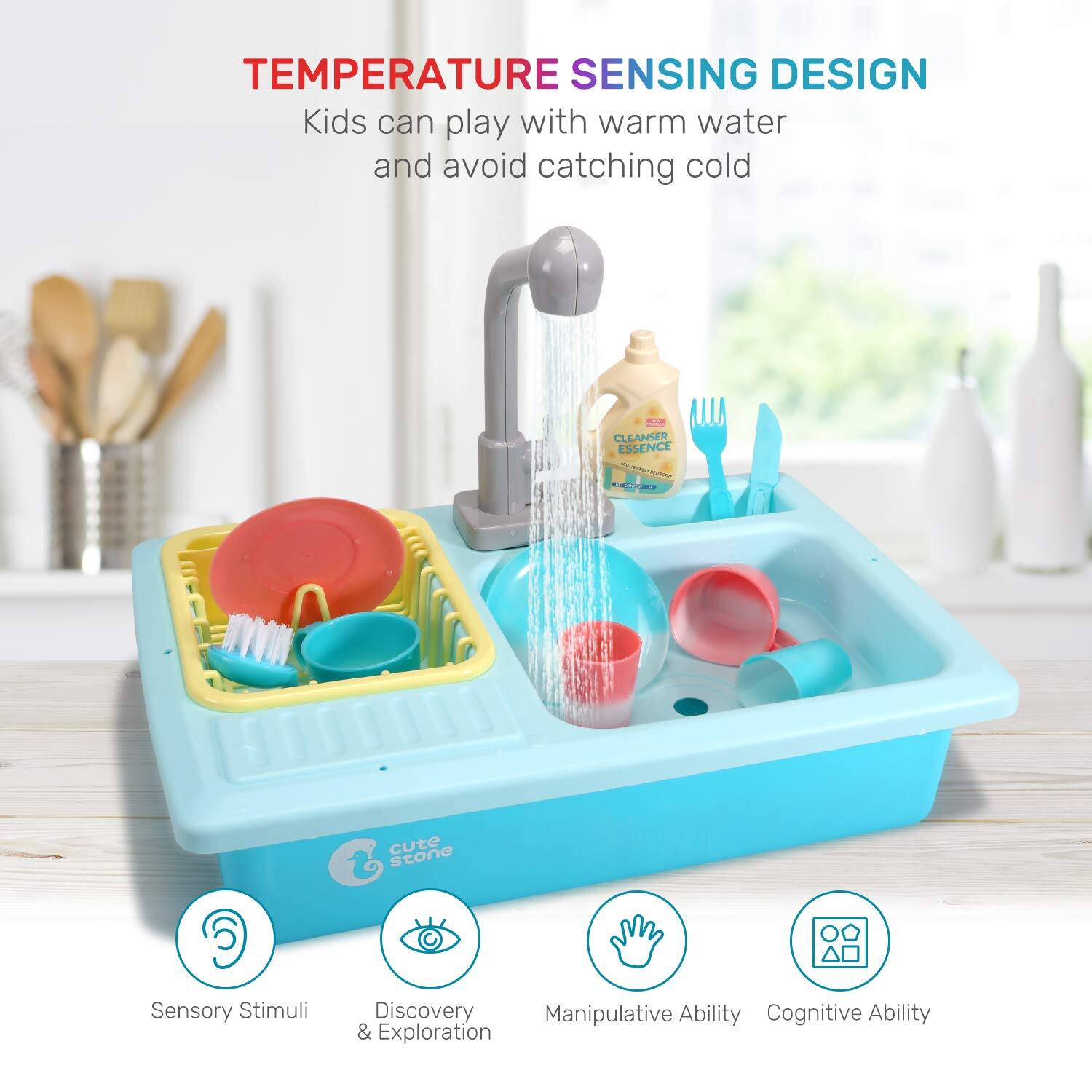 TEMPERATURE SENSING DESIGN  
Kids can play with warm water and avoid catching cold

CLEANSER ESSENCE  
cute stone

Sensory Stimuli  
Discovery  
Manipulative Ability  
Cognitive Ability & Exploration