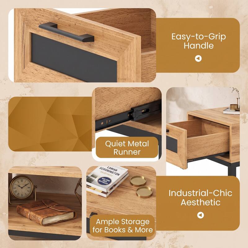 Easy-to-Grip Handle  
Quiet Metal Runner  
Industrial-Chic Aesthetic  
Ample Storage for Books & More