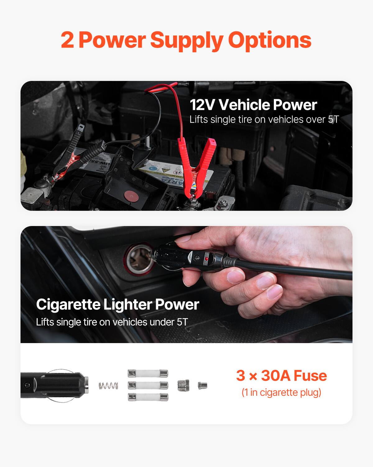 2 Power Supply Options

12V Vehicle Power
Lifts single tire on vehicles over 5T

Cigarette Lighter Power
Lifts single tire on vehicles under 5T

3 x 30A Fuse
(1 in cigarette plug)