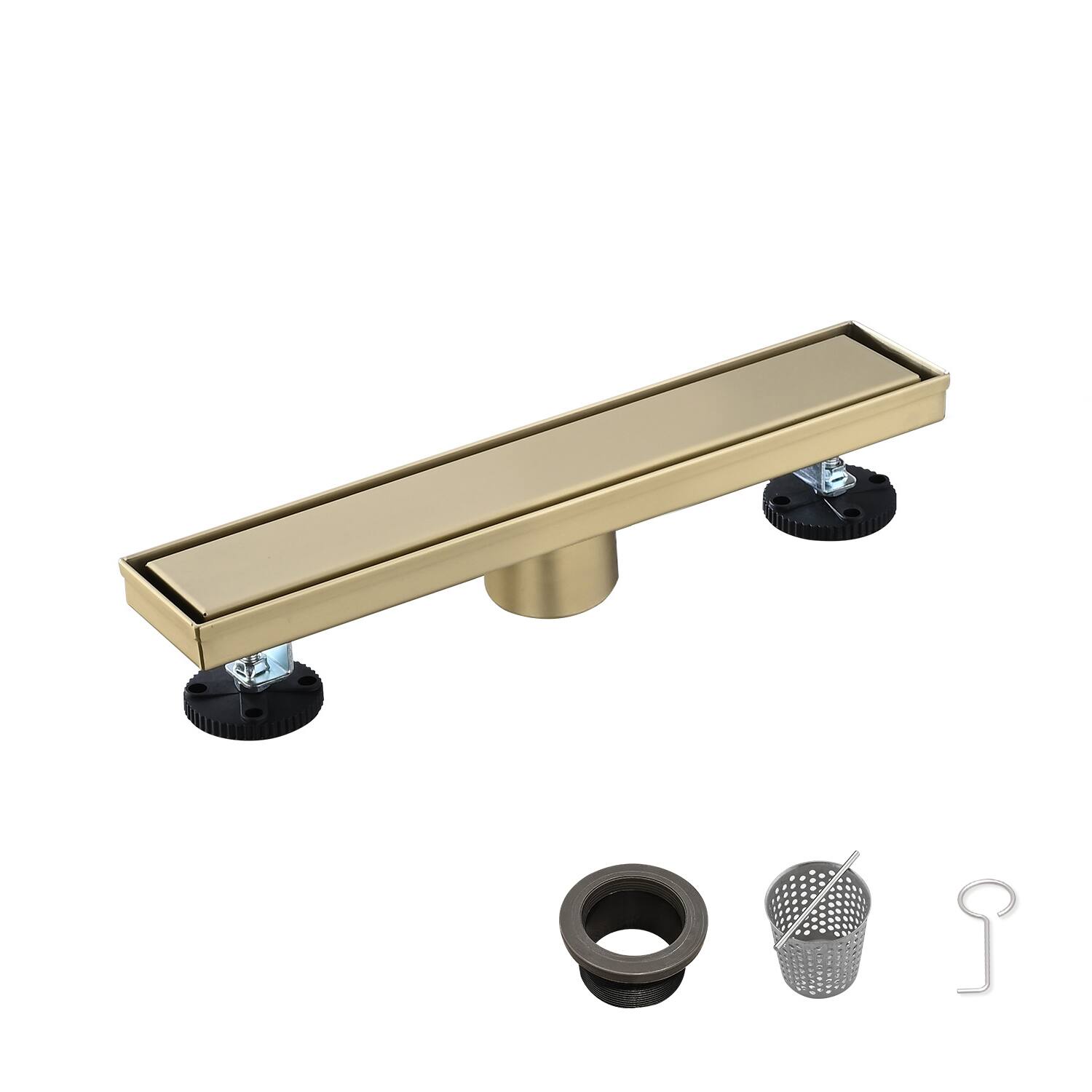 Front. TinyHomie - 12" Linear Shower Drain with Removable Cover, SUS304 Stainless Steel, Hair Strainer - Black.