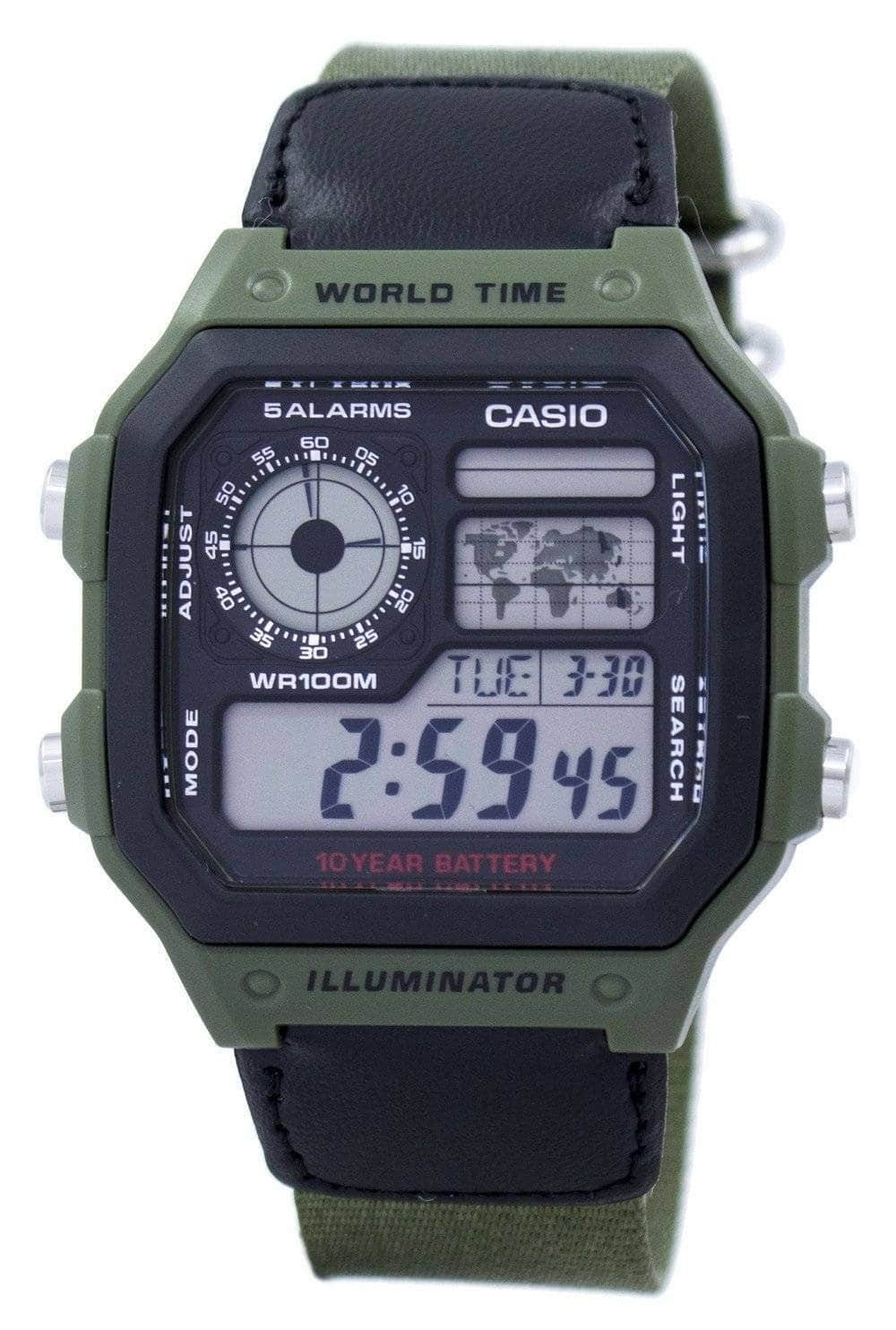 Casio - Illuminator Digital AE-1200WHB-3BV Mens Watch World Time Alarm Stopwatch Timer 100M - Olive Green and Black