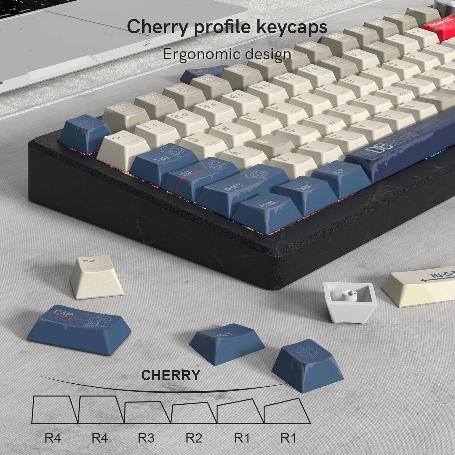 Cherry profile keycaps  
Ergonomic design  

13 2 S F A 0 1 A 2 2 A - 3 $ g D S lwl be 20 I G / e d . O 2 14 e A 0B TAB M CAP L80 WN BTRL WEP I 4 UCR CAP 4T CHERRY R4 R4 R3 R2 R1 R1