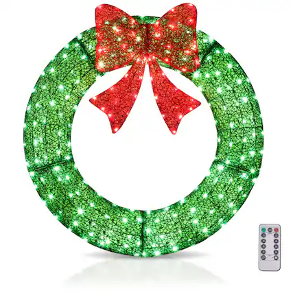 Front. Winado - 36in Pre-Lit Outdoor Christmas Wreath, LED Metal Holiday Decor w/ 225 Lights, Bow - Green/Red.