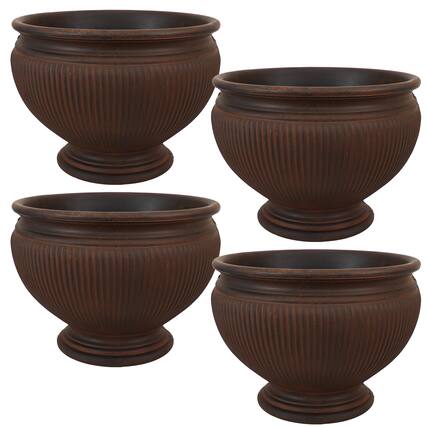 Front. Sunnydaze - 15 in Elizabeth Ribbed Urn Polyresin Planter - Set of 4 - Rust.