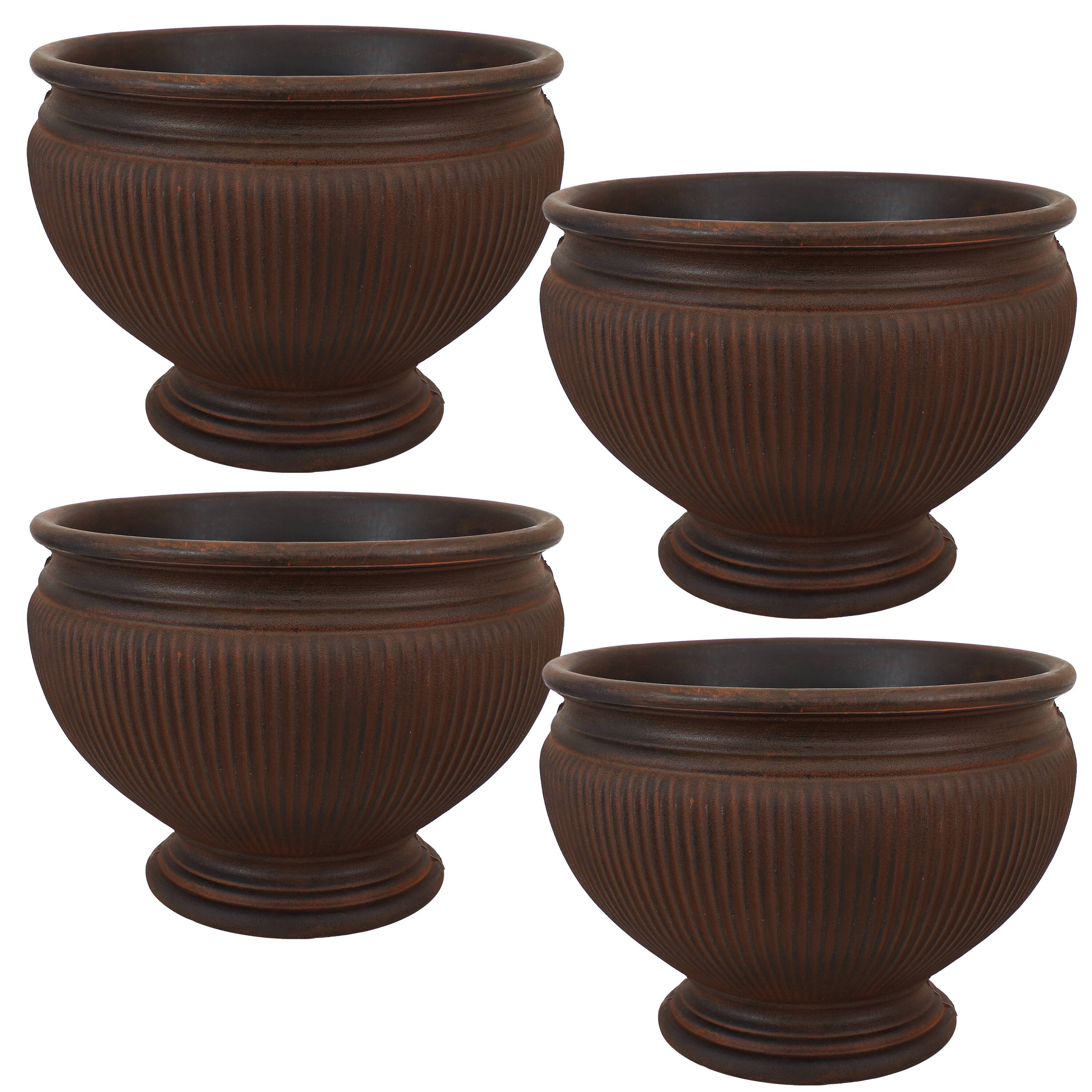 Front. Sunnydaze - 15 in Elizabeth Ribbed Urn Polyresin Planter - Set of 4 - Rust.