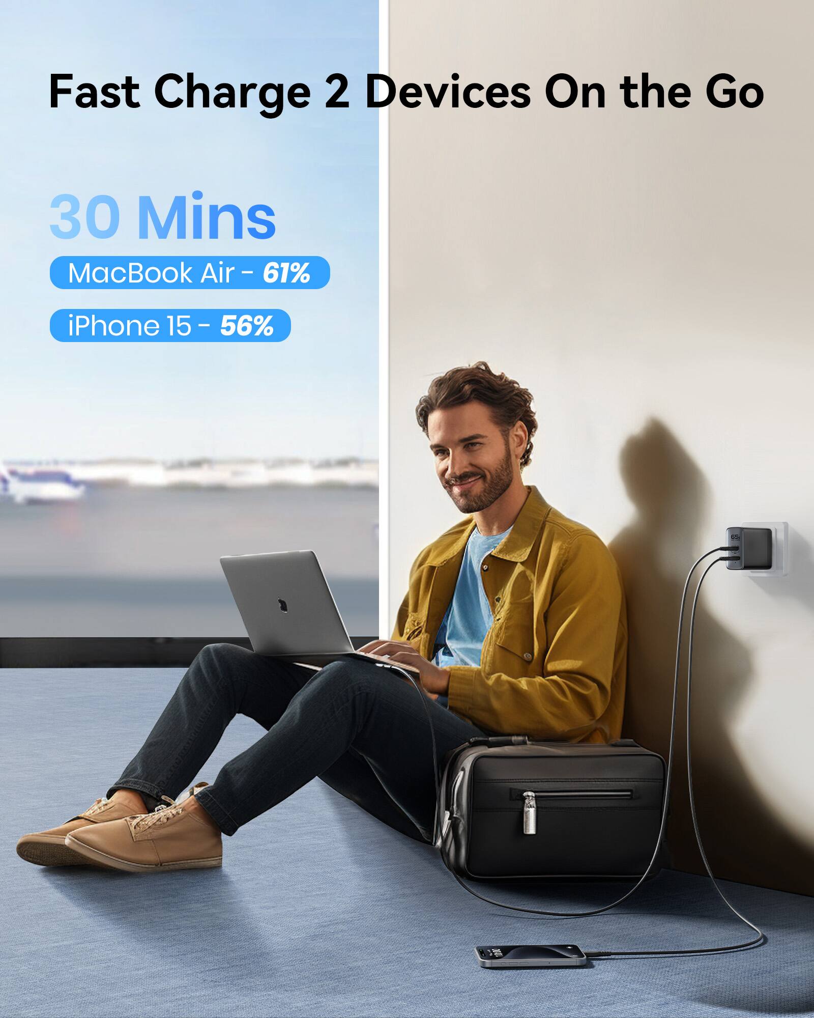Fast Charge 2 Devices On the Go in 30 Minutes: MacBook Air - 61% - iPhone 15 - 56%