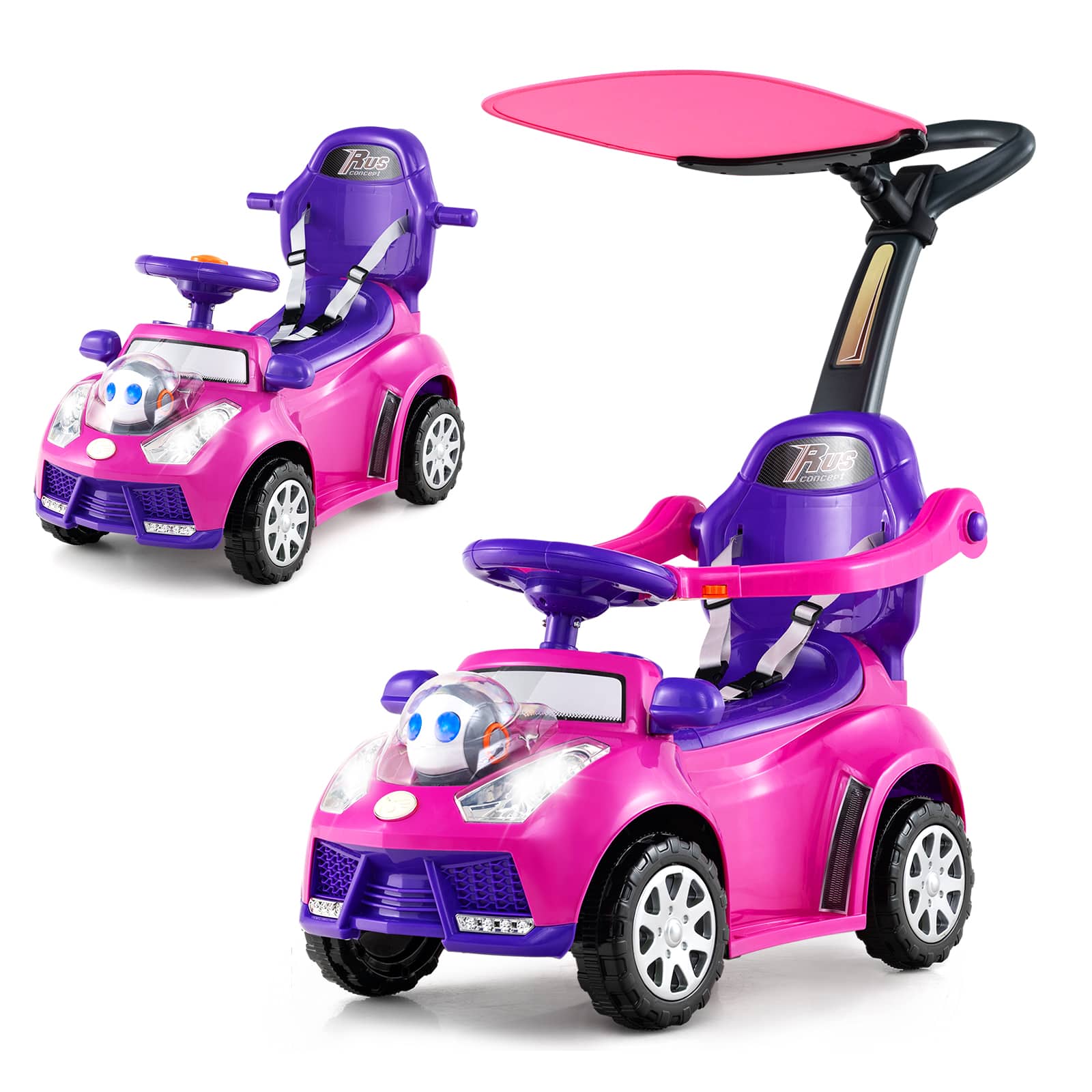 Costway - 3-in-1 Sliding Walker w/ Adjustable Canopy Horn Music & Light for Boys & Girls - Pink