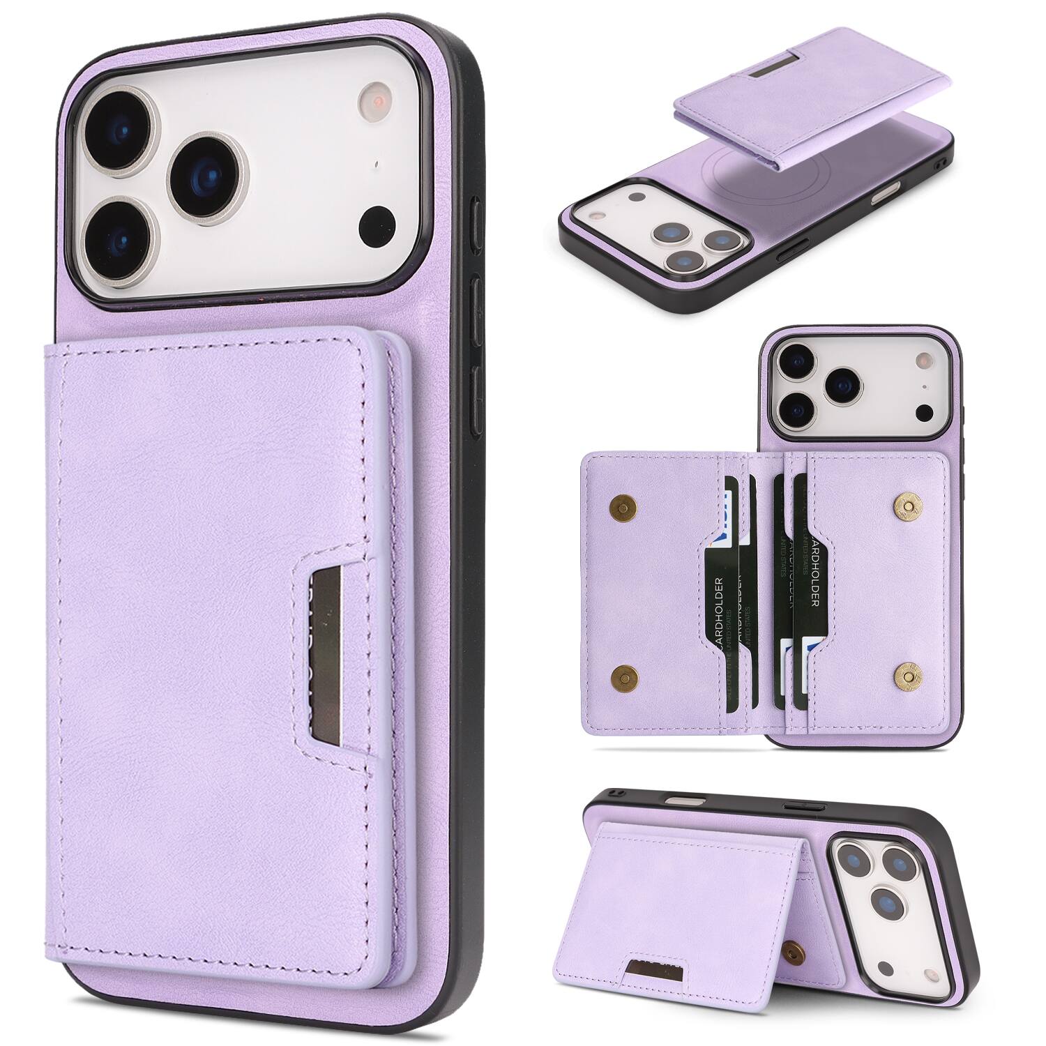Dteck - For Apple iPhone 17 Pro Max Mag Safe Case,2-in-1 Magnetic Wallet Card Holder PU Leather Silicone Frame Shockproof Cover - Purple