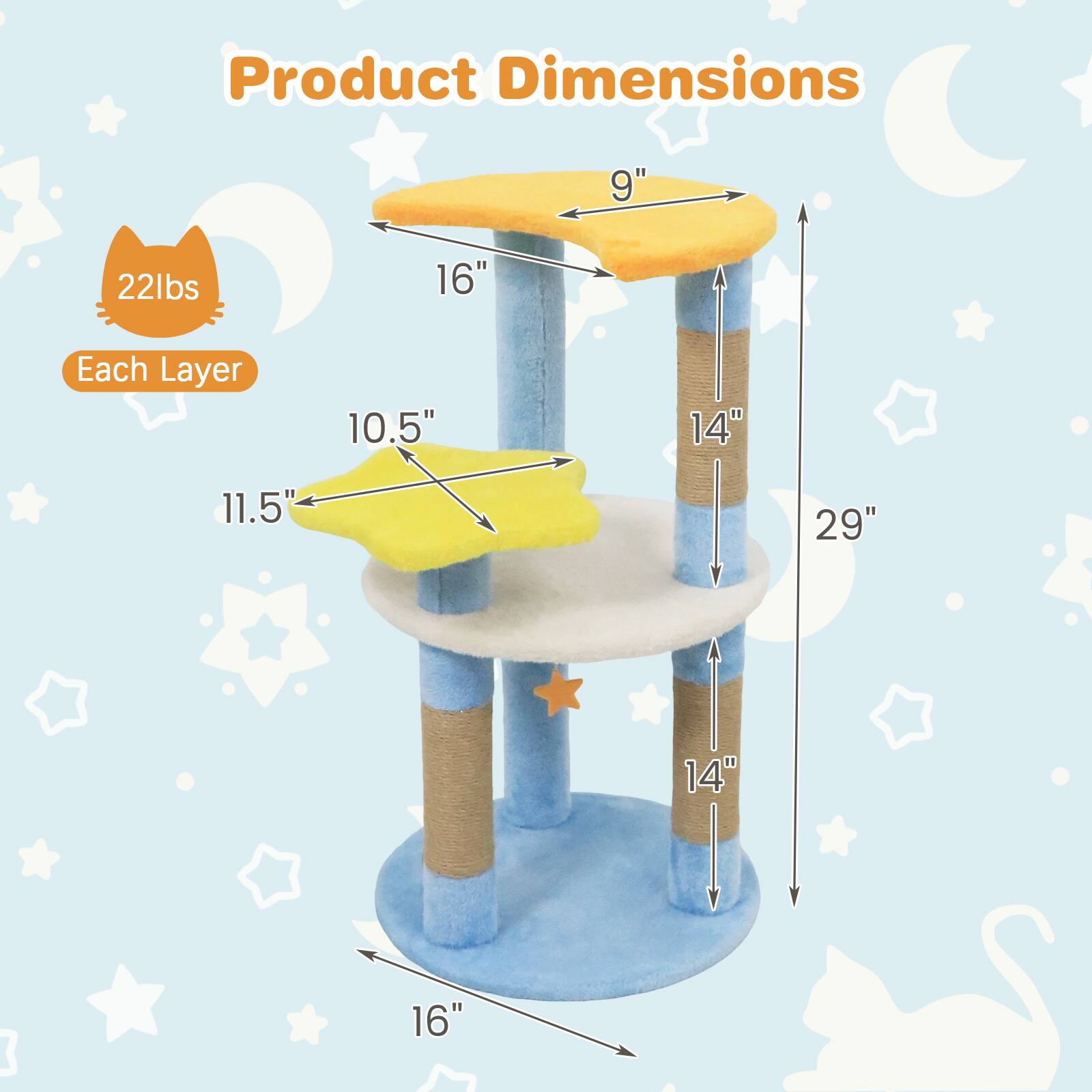 Product Dimensions:  
- 9"  
- 22lbs  
- Each Layer: 16"  
- 10.5"  
- 14"  
- 11.5"  
- 29"  
- 14"  
- 16"