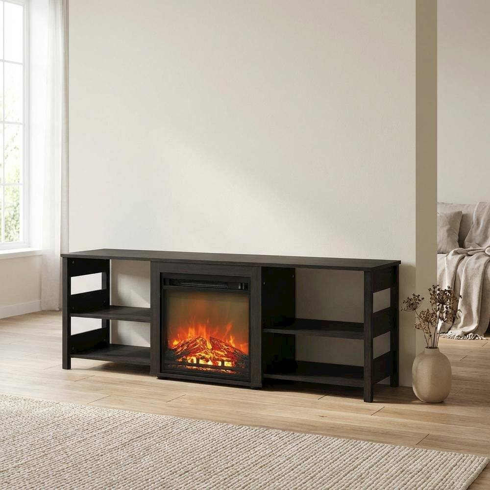 Alt View 2. FurniFact - Americano Wood TV Stand with Fireplace and Open Storage - Black.