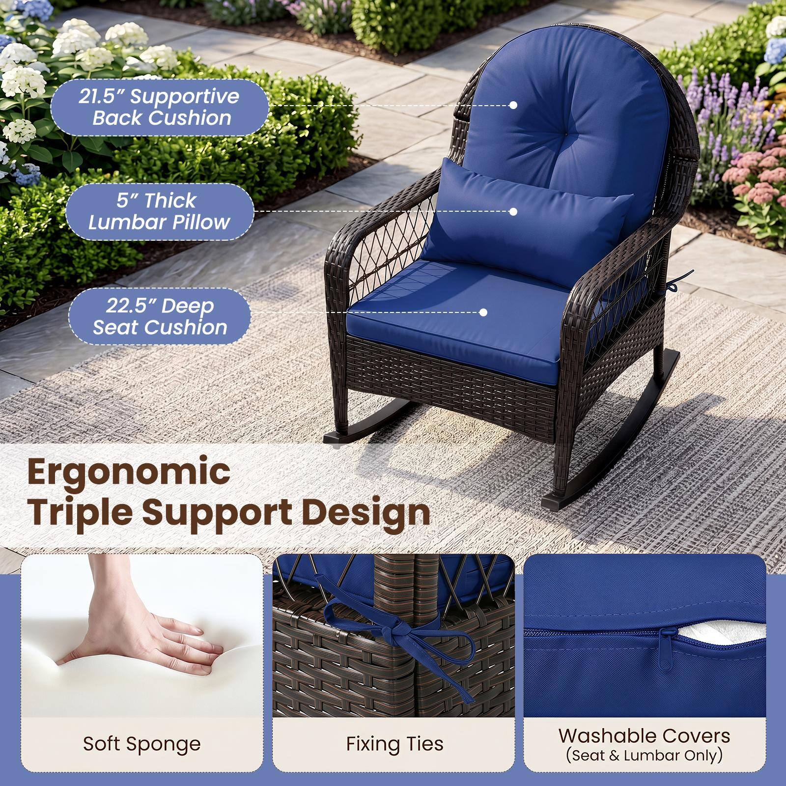 21.5" Supportive Back Cushion  
5" Thick Lumbar Pillow  
22.5" Deep Seat Cushion  
Ergonomic Triple Support Design  
Soft Sponge  
Fixing Ties  
Washable Covers (Seat & Lumbar Only)