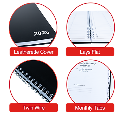 2026 Leatherette Cover  
Lays Flat  
Weekly/Monthly Calendar  
14 Months  
Twin Wire  
Monthly Tabs