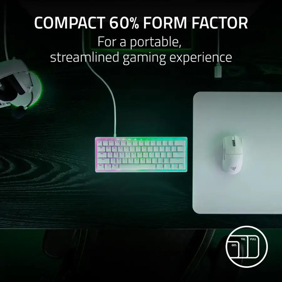 Compact 60% form factor for a portable, streamlined gaming experience.