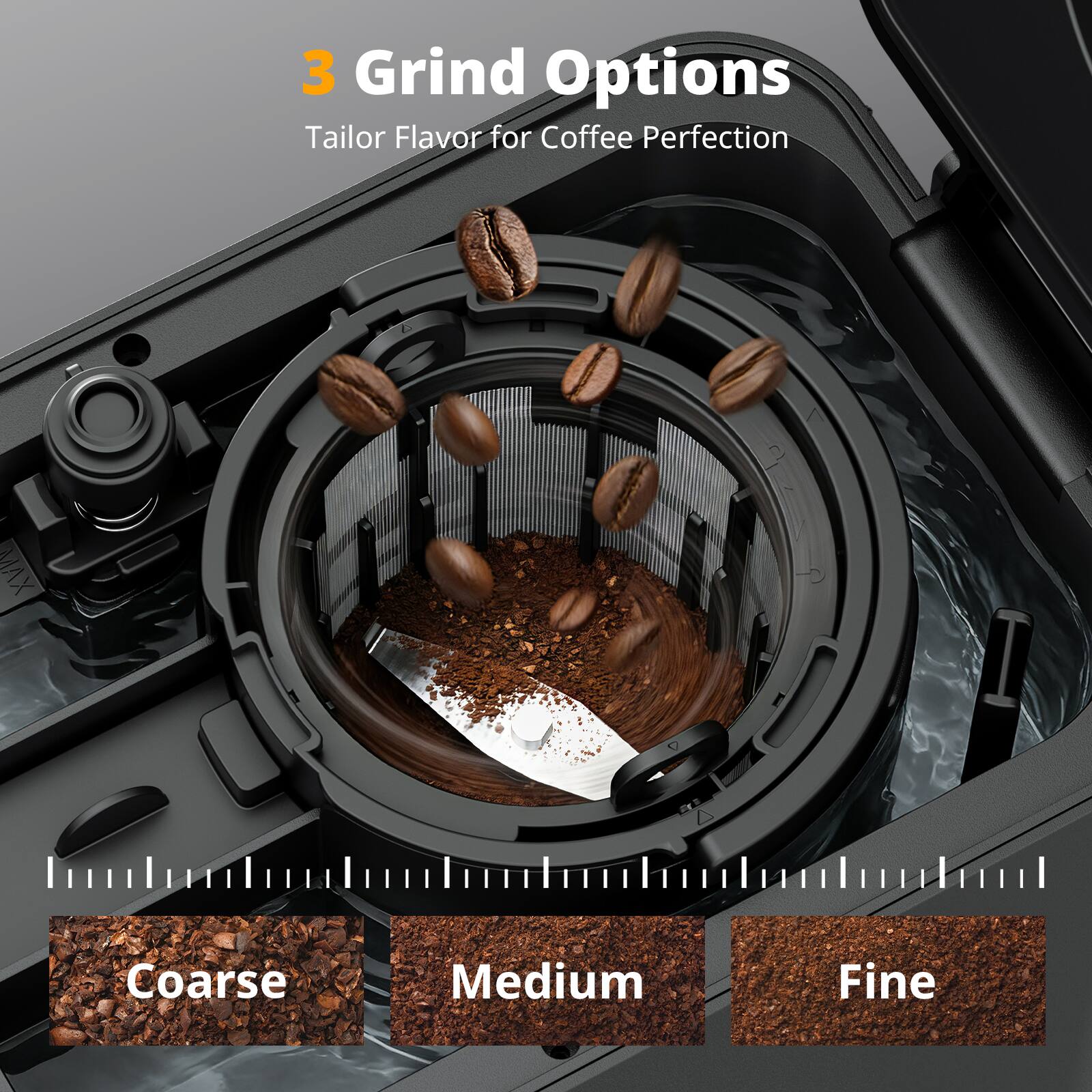 3 Grind Options  
Tailor Flavor for Coffee Perfection  

Coarse  
Medium  
Fine