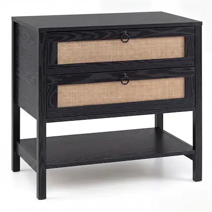 Front. WELLFOR - Boho Rattan Nightstand with 2 Drawers and Bottom Open Shelf - Black.