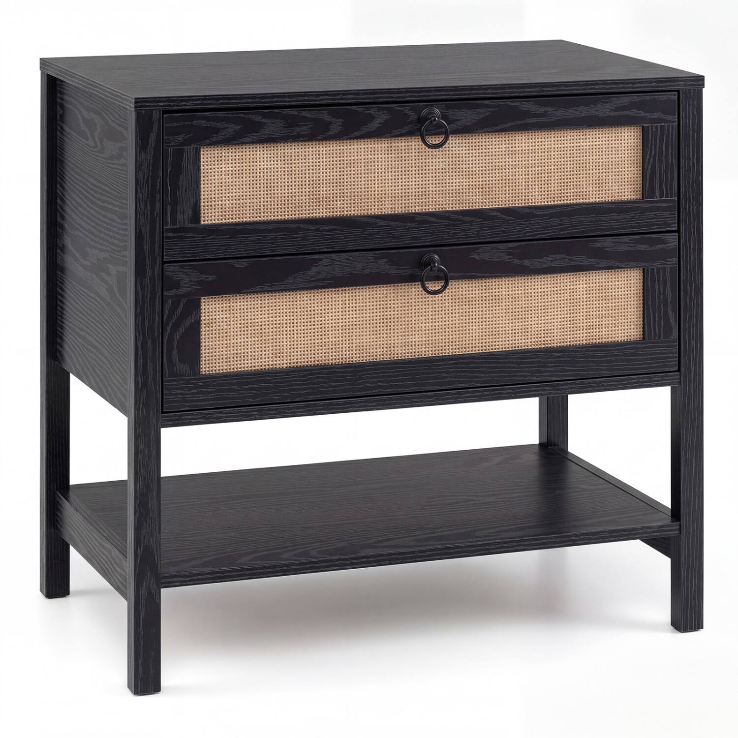 Front. WELLFOR - Boho Rattan Nightstand with 2 Drawers and Bottom Open Shelf - Black.