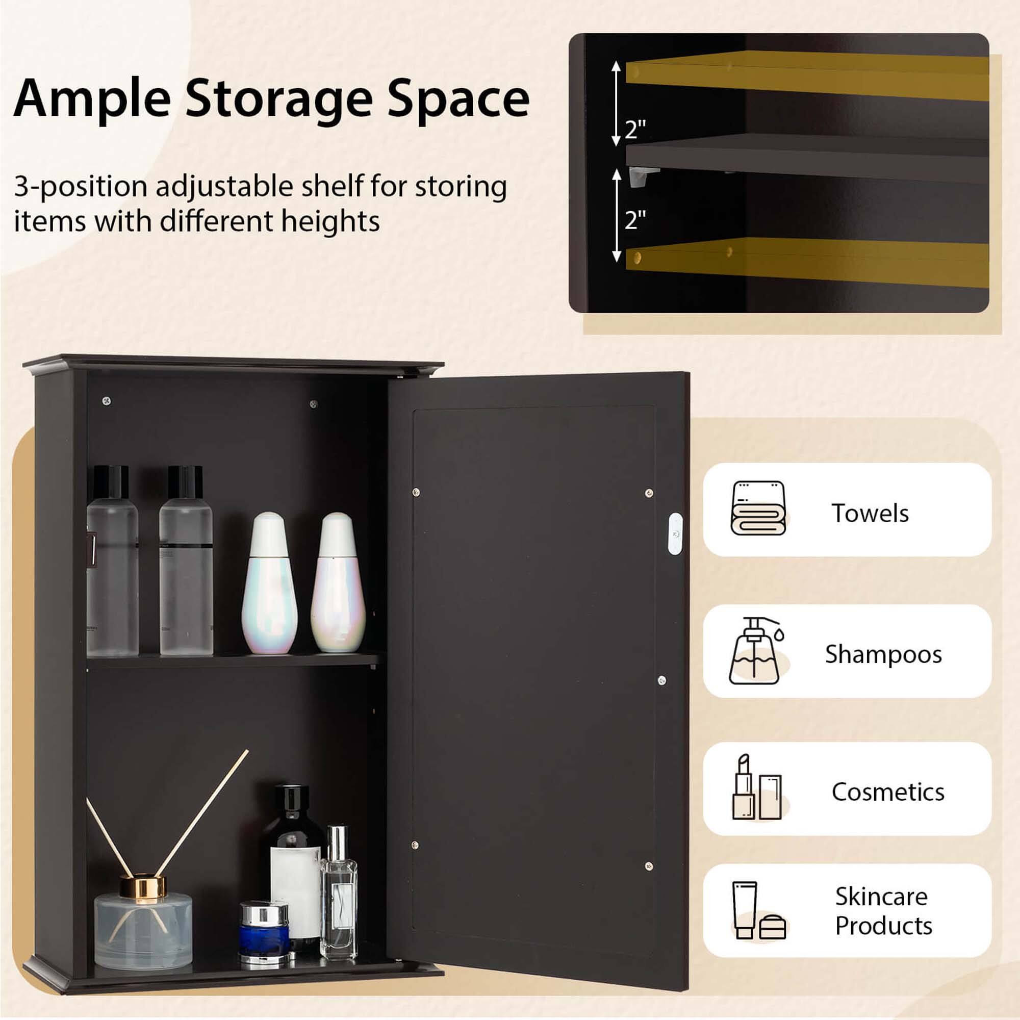 Ample Storage Space

3-position adjustable shelf for storing items with different heights

- Towels
- Shampoos
- Cosmetics
- Skincare Products