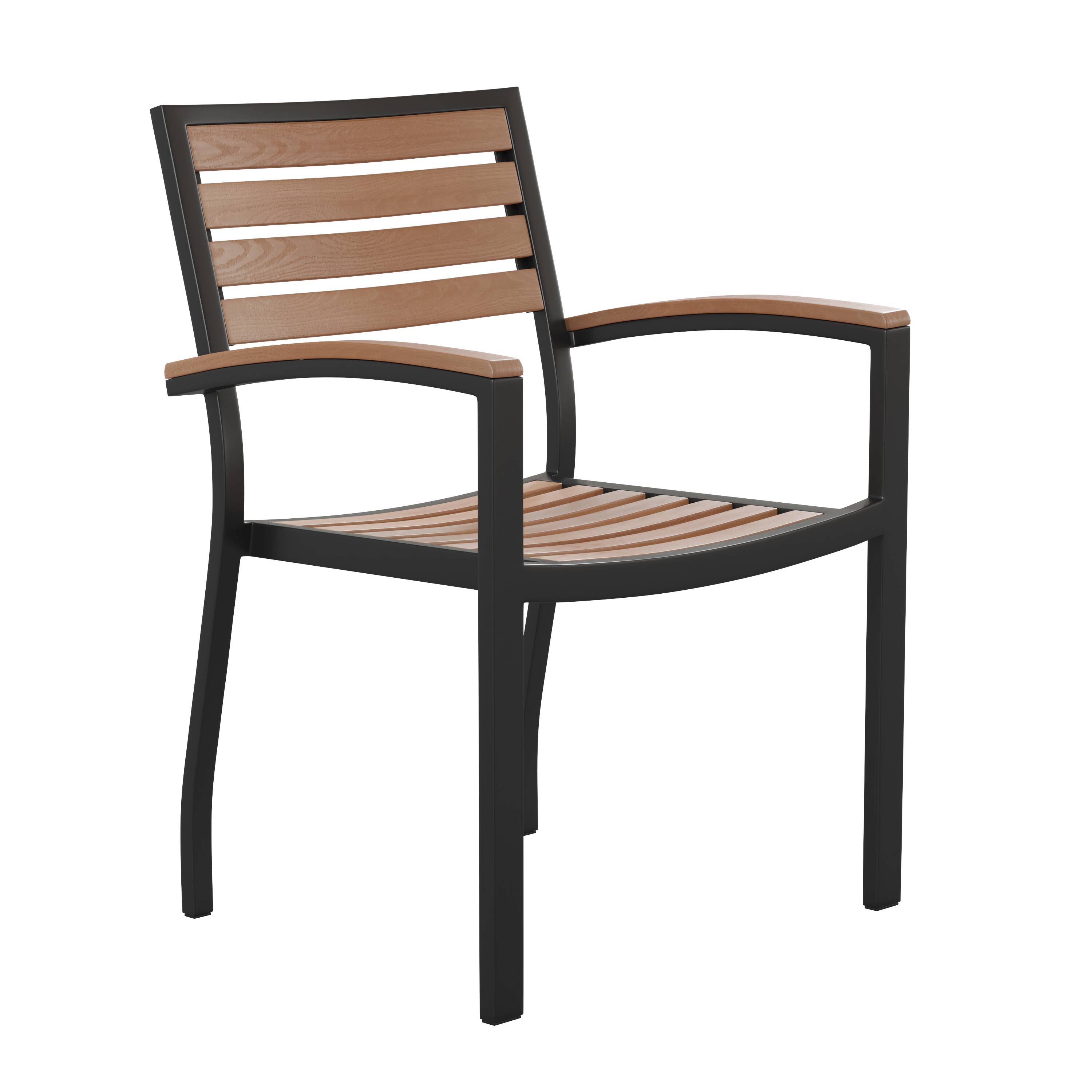 Alt View 10. Emma + Oliver - 5 Piece Outdoor Patio Dining Table Set with Faux Teak Table and Stackable Chairs with Accented Arms - Teak.