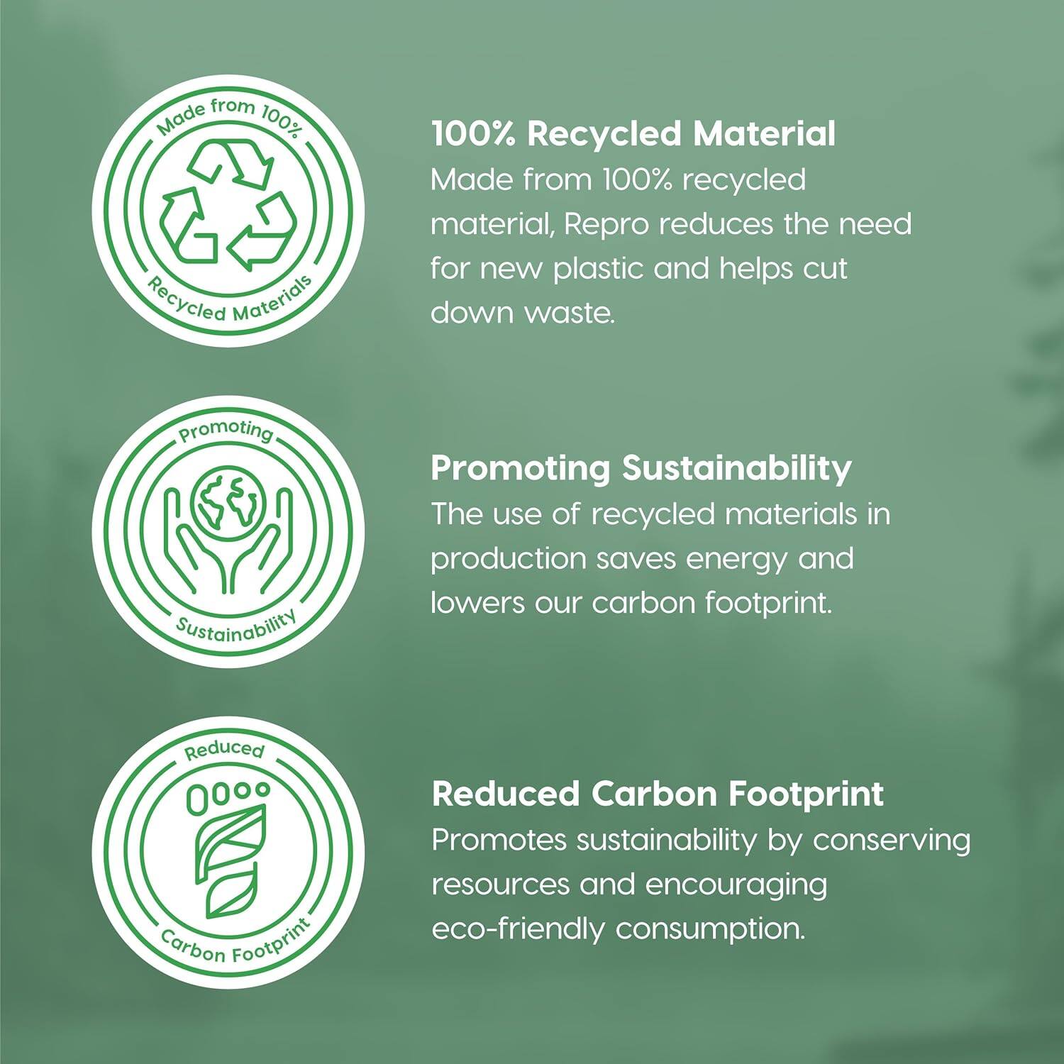 Made from 100% Recycled Materials

100% Recycled Material
Made from 100% recycled material, Repro reduces the need for new plastic and helps cut down waste.

Promoting Sustainability
The use of recycled materials in production saves energy and lowers our carbon footprint.

Reduced Carbon Footprint
Promotes sustainability by conserving resources and encouraging eco-friendly consumption.