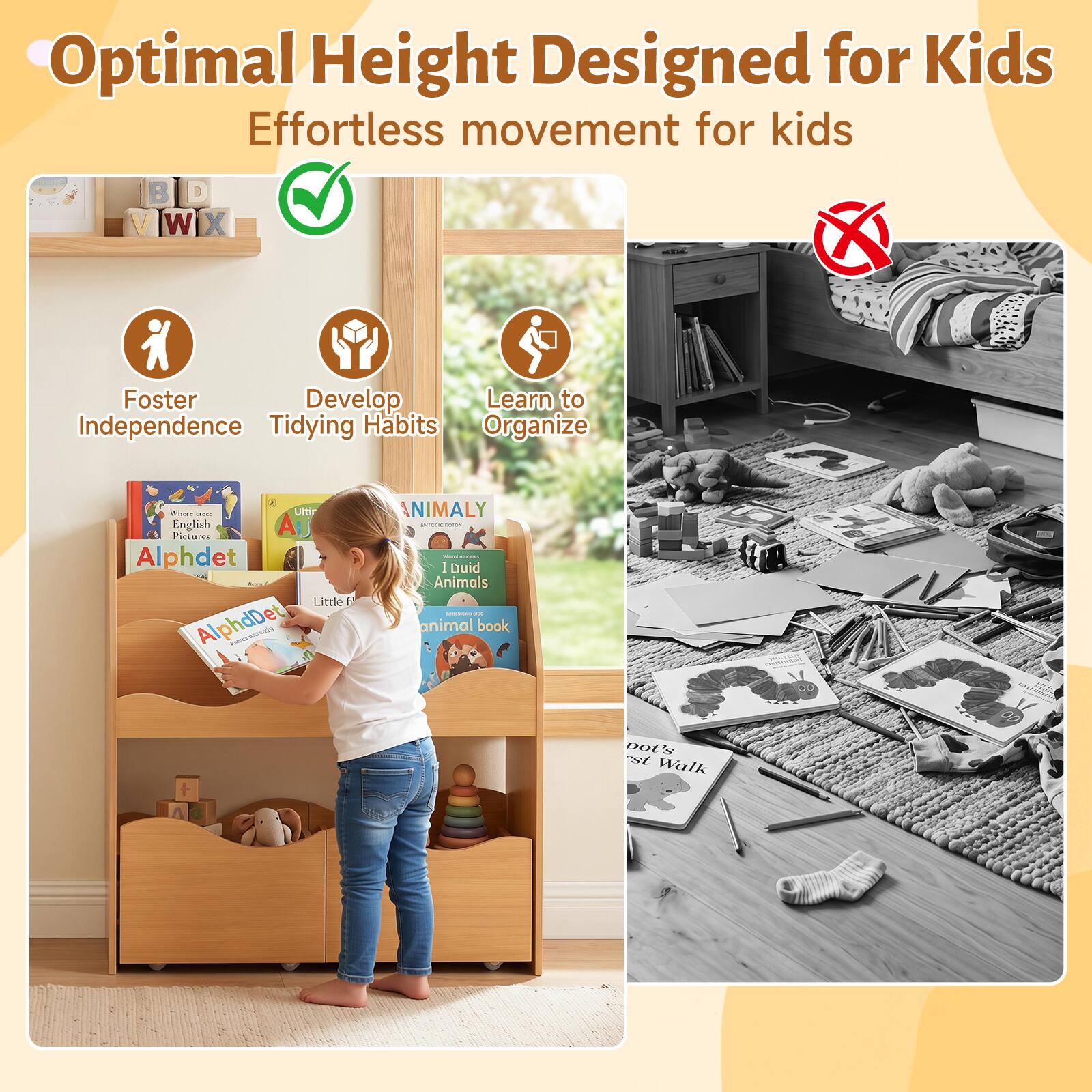 Optimal Height Designed for Kids  
Effortless movement for kids

- Foster Independence
- Develop Tidying Habits
- Learn to Organize

Where - Ultir Pictures English AT Alphdet Books Little P AlphdDet

ANIMALY INFORMATION - Duid Animals MENICIONS PUR animal book

promo

Dot's First Walk