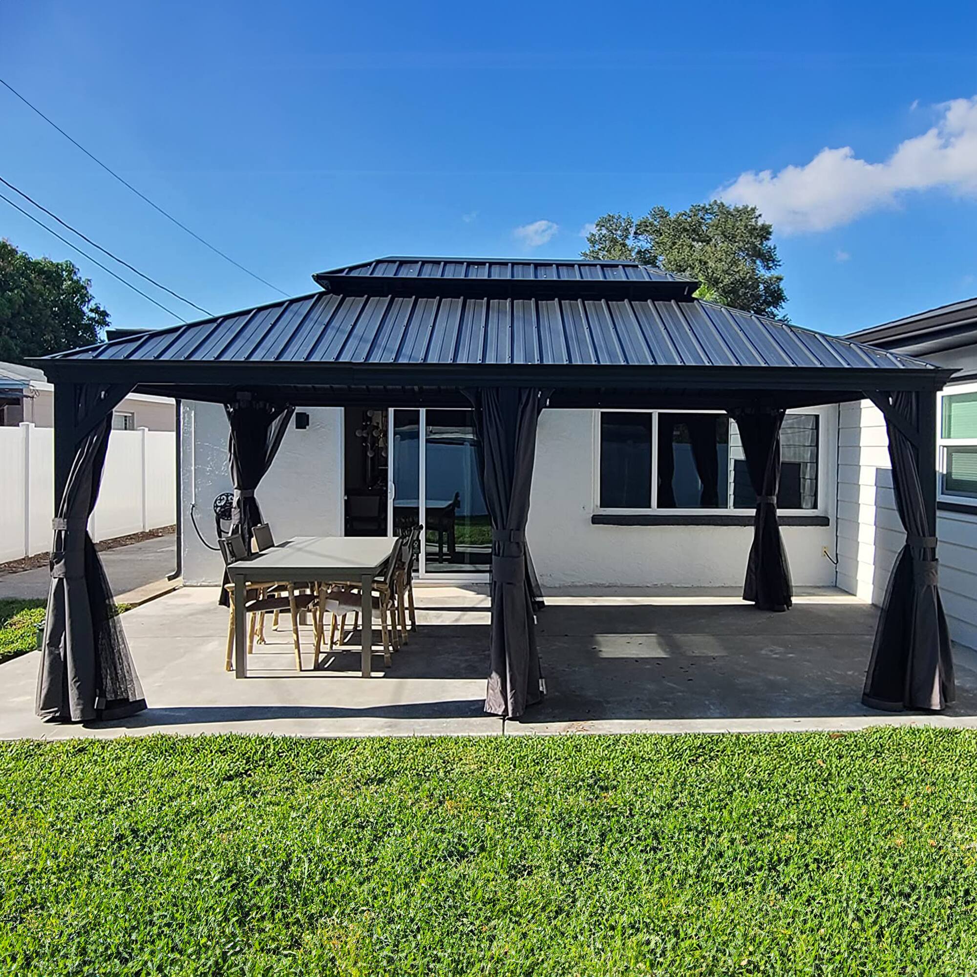 Front. PURPLE LEAF - 12 X 18 FT Permanent Hardtop Aluminum Gazebo with Double Roof for Patio Lawn and Garden, Curtains and Netting Included - 12' X 18'.