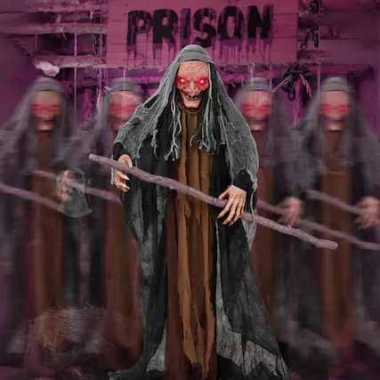 Front. Winado - Halloween 5.3FT Standing Cane Witch with Red Eyes, Scary Props Animatronics Decoration for Outdoor Indoor Haunted House - Black & Gray.