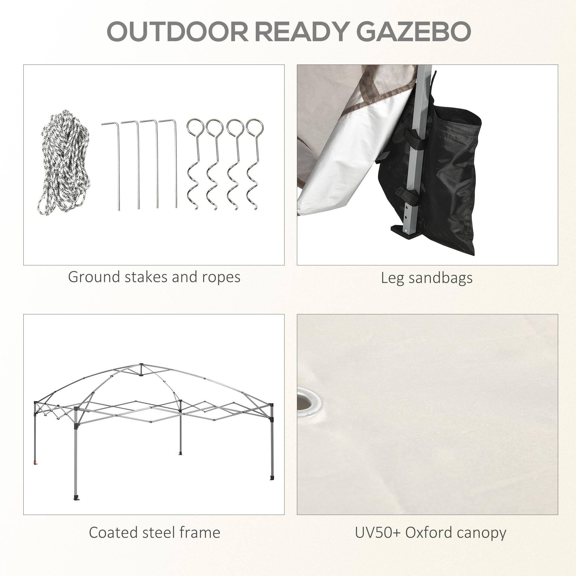 OUTDOOR READY GAZEBO

- Ground stakes and ropes
- Leg sandbags
- Coated steel frame
- UV50+ Oxford canopy