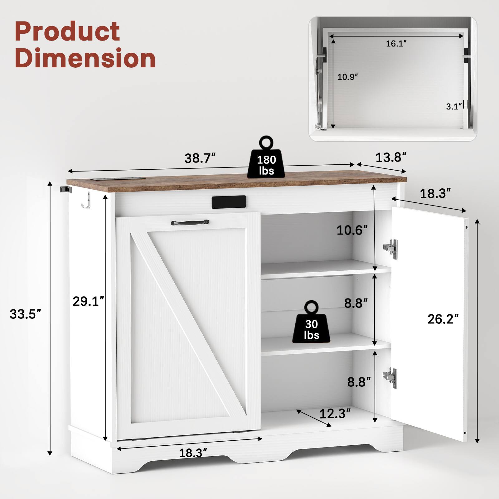 Product Dimension: 38.7" (L) x 29.1" (D) x 33.5" (H), 18.3" (W) x 16.1" (D) x 10.9" (H), 13.8" (W) x 10.6" (D) x 8.8" (H), 26.2" (W) x 12.3" (D) x 8.8" (H), 180 lbs, 30 lbs, 3.1" (H)