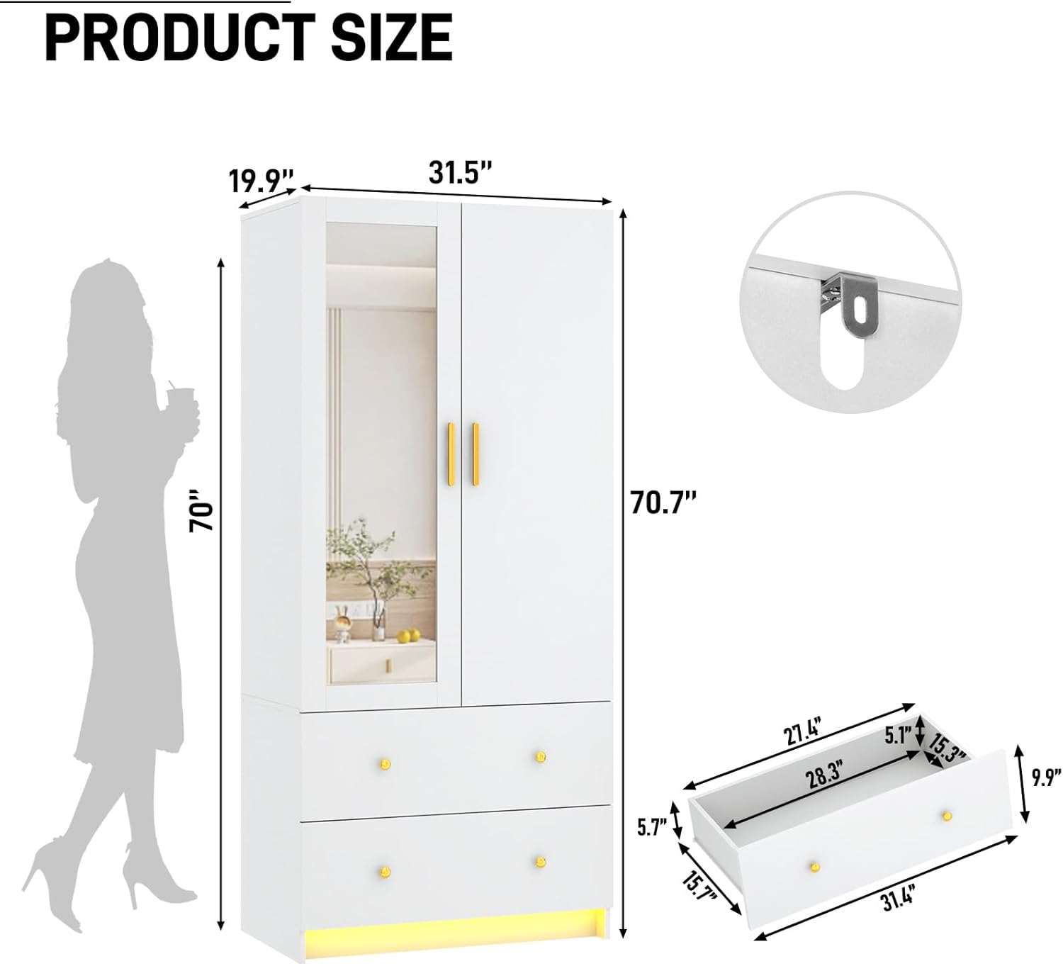 PRODUCT SIZE  
19.9" x 31.5" x 70" x 70.7"  
5.7" x 27.4" x 28.3" x 5.1" x 15.3" x 9.9" x 15.7" x 31.4"