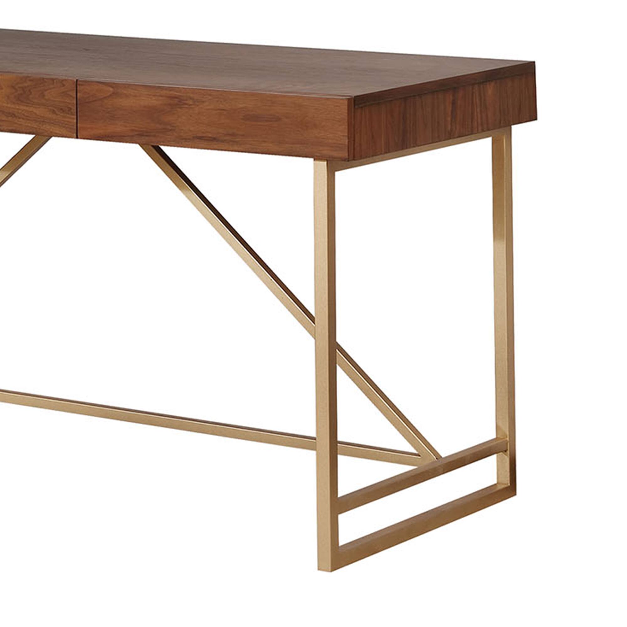 Left. Manhattan Lane - Modern Style Wooden Writing Desk with Unique Metal Legs, Walnut Brown and Gold - Brown and Gold.