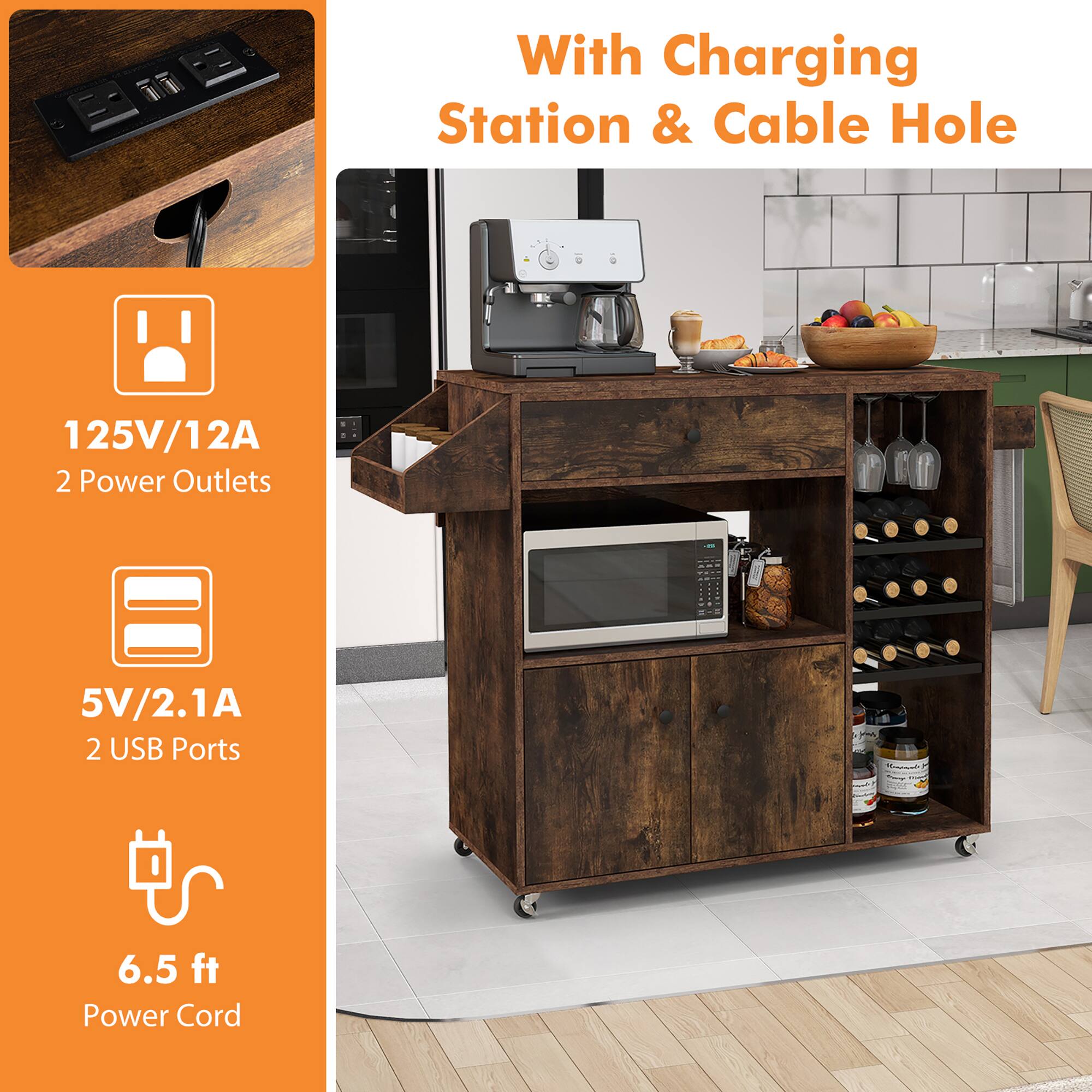 With Charging Station & Cable Hole

125V/12A  
2 Power Outlets

5V/2.1A  
2 USB Ports

6.5 ft Power Cord