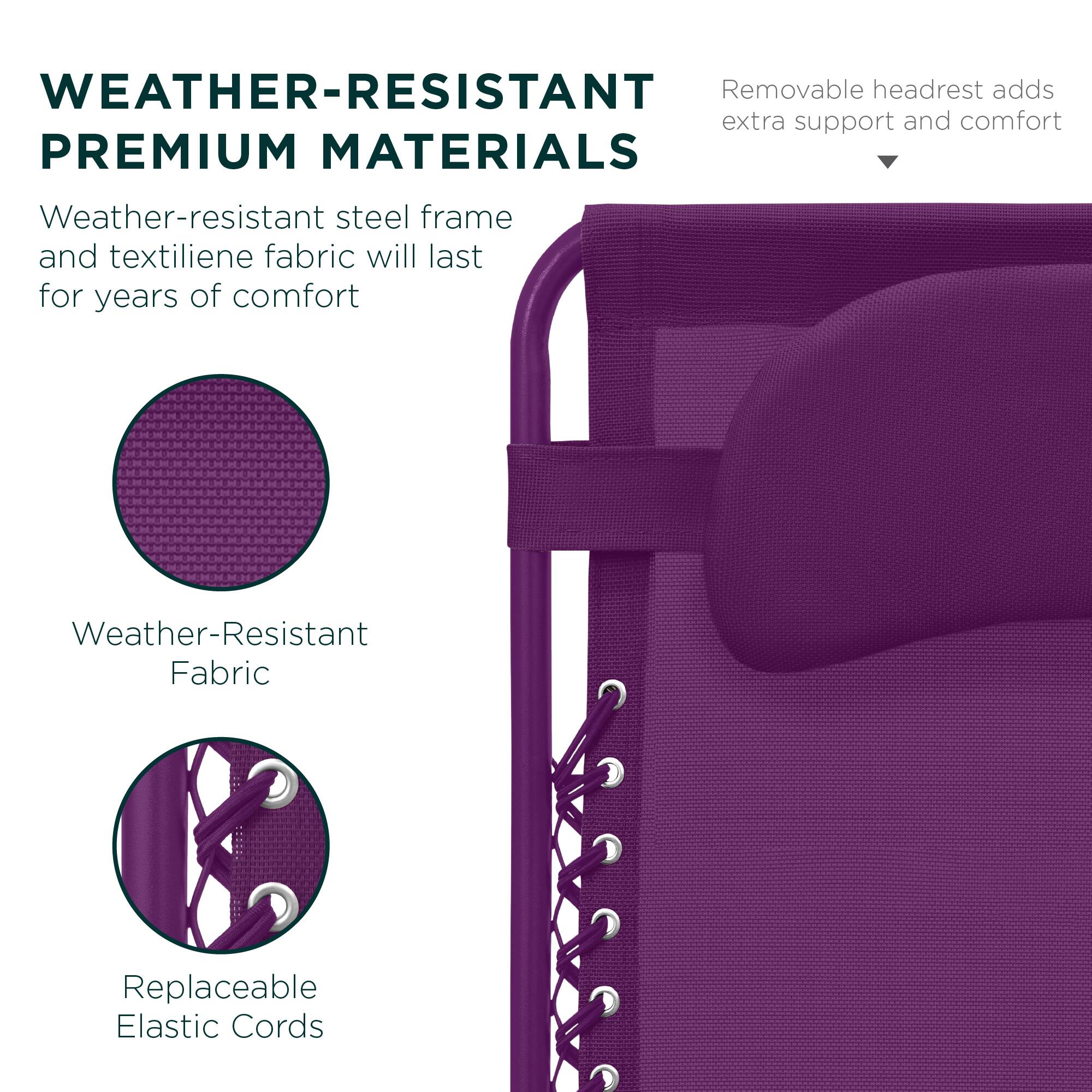**WEATHER-RESISTANT PREMIUM MATERIALS**

- Weather-resistant steel frame and textilene fabric will last for years of comfort
- Removable headrest adds extra support and comfort
- Weather-Resistant Fabric
- Replaceable Elastic Cords