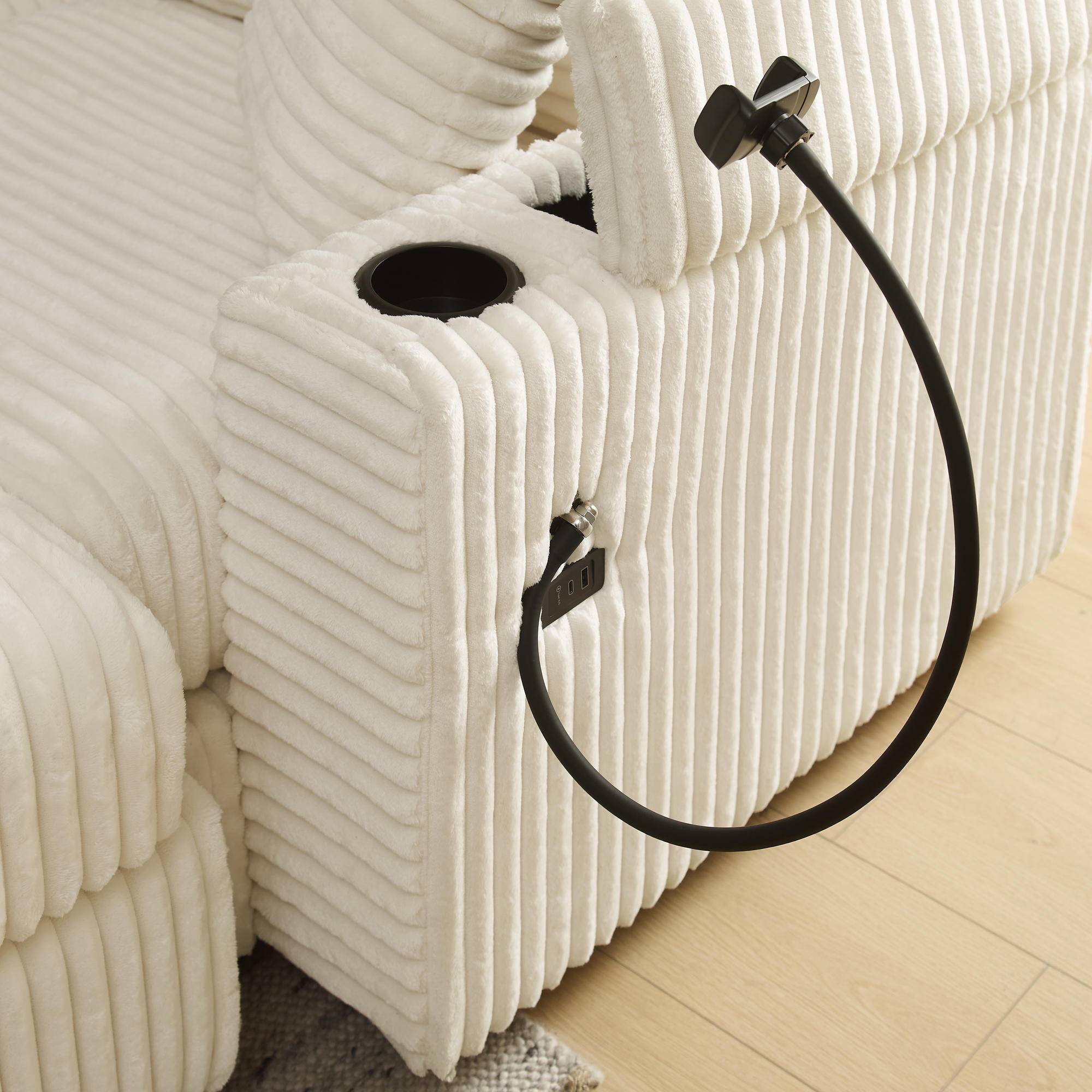 Alt View 7. Meqiodas - Corduroy L-Shaped Sectional Sofa with Ottoman, Comfy Cloud Couch with Charger, Cup Holders & Armrest Storage - Beige(3+1).