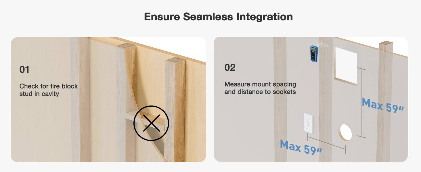 Ensure Seamless Integration

01 Check for fire block stud in cavity

02 Measure mount spacing and distance to sockets
Max 59"
Max 59"