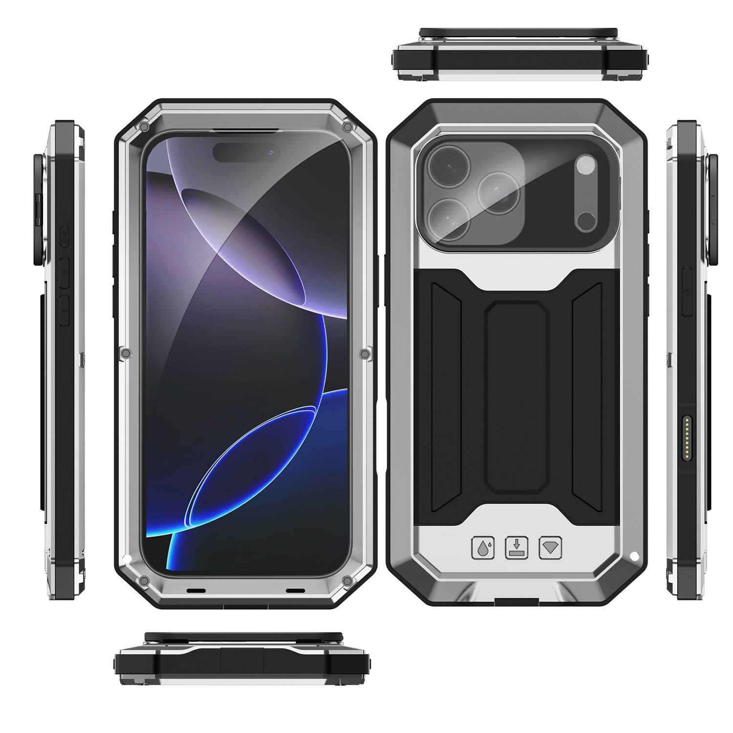 Alt View 2. Dteck - Rugged Case for iPhone 17 Pro Max Flip Camera Kickstand Built-in Screen Protector Military Grade Protection Cover - Silver.