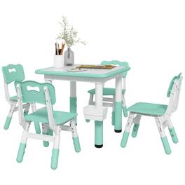 Qaba - 5 Pieces Kids Table and Chairs, Height Adjustable Toddler Set with Storage, Easy to Wipe, Square Table 4 Chairs - Green