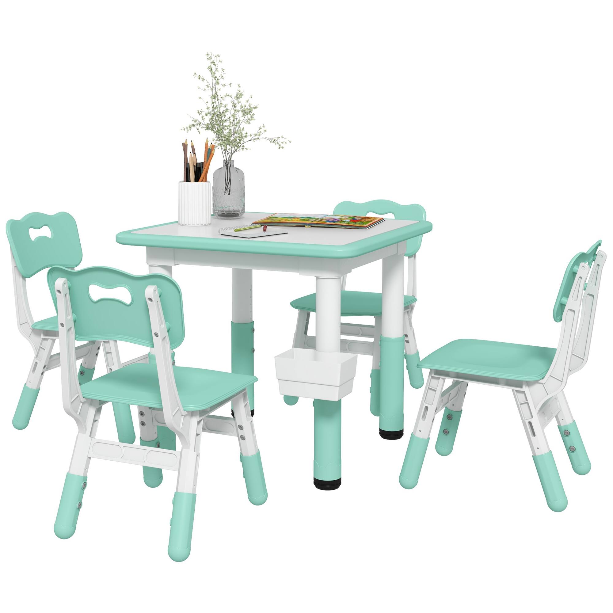 Front. Qaba - 5 Pieces Kids Table and Chairs, Height Adjustable Toddler Set with Storage, Easy to Wipe, Square Table 4 Chairs - Green.