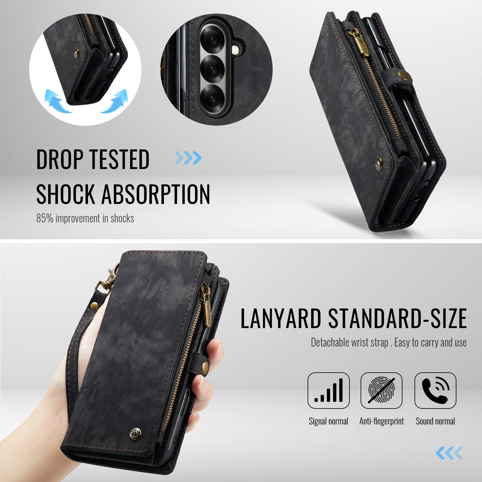 DROP TESTED >>> SHOCK ABSORPTION  
85% improvement in shocks  

LANYARD STANDARD-SIZE  
Detachable wrist strap  
Easy to carry and use  

Signal normal  
Anti-fingerprint  
Sound normal