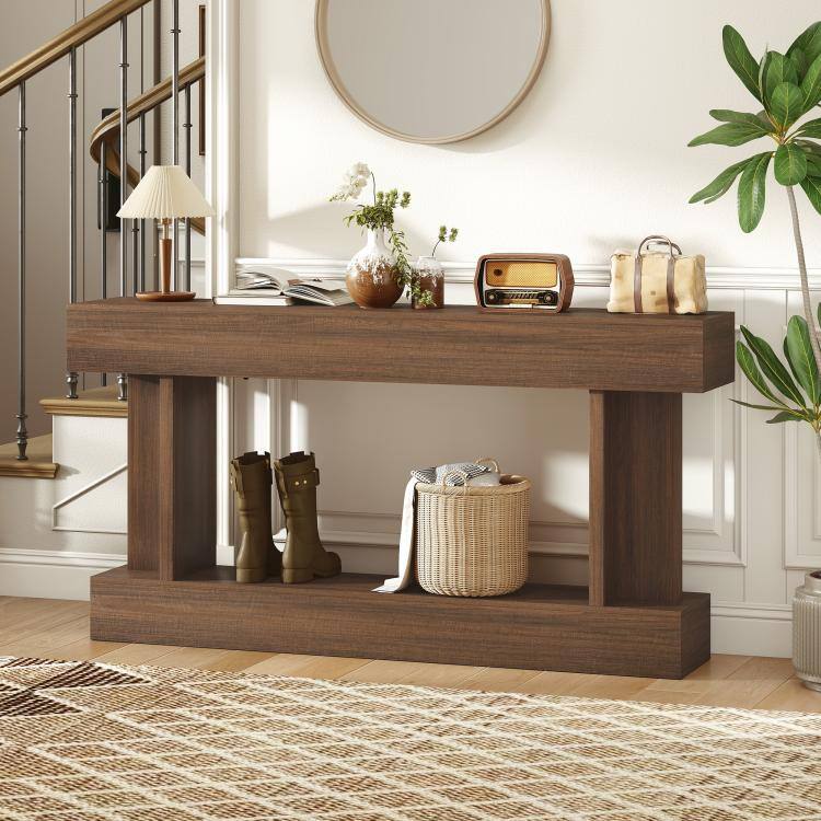 Alt View 2. PULUZ - 63 Inch Long Console Table, Vintage Narrow Entryway Table with Storage Shelf for Living Room and Hallway - Brown.