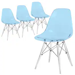 LeisureMod - Cresco 4-Pieces Modern Plastic Dining Chair with Chrome Support Base and Acrylic Legs - Transparent Blue