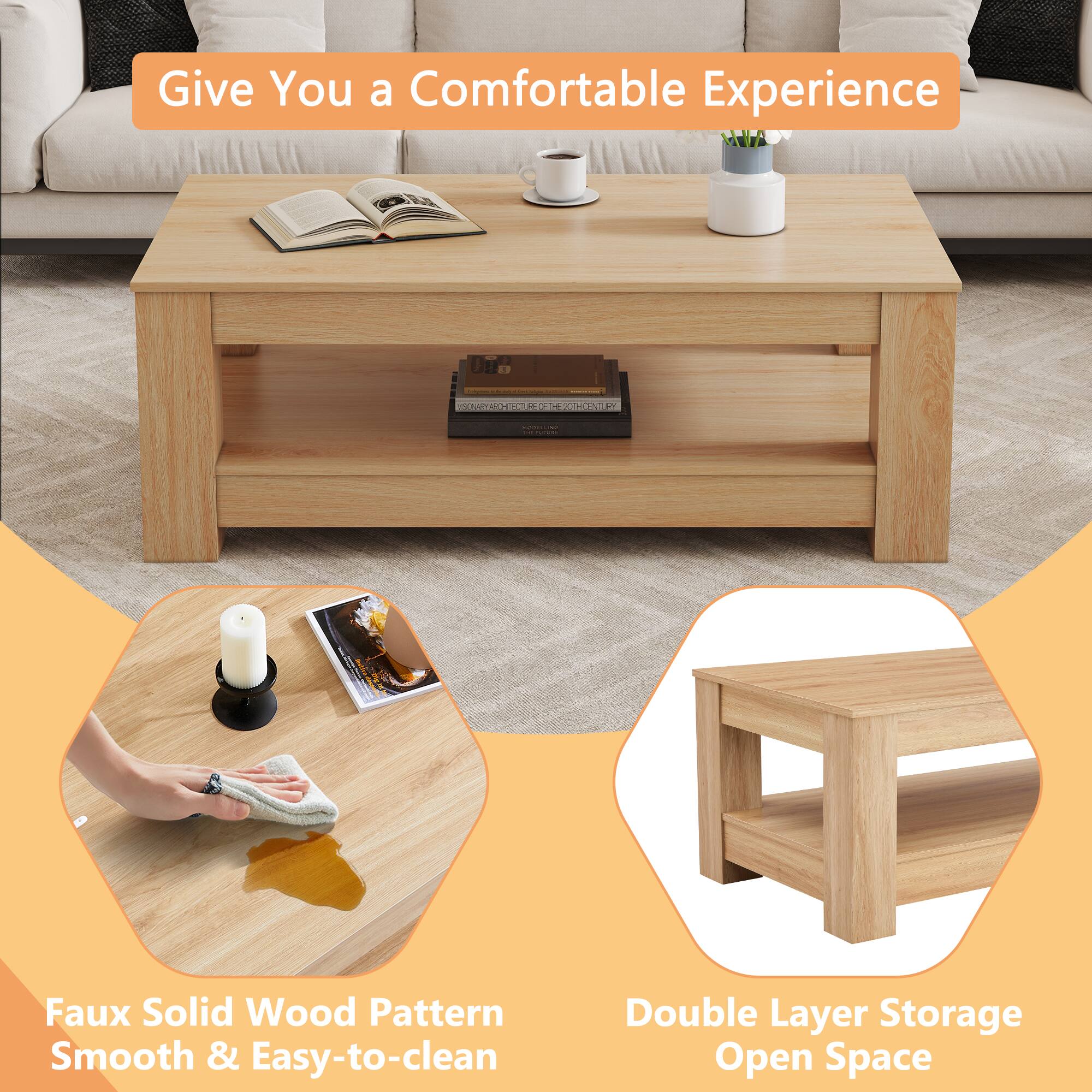 Give You a Comfortable Experience

Faux Solid Wood Pattern Smooth & Easy-to-clean

Double Layer Storage Open Space
