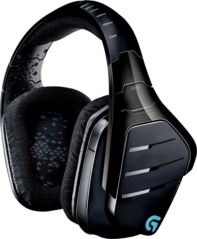The image features a pair of black headphones with a blue logo on the side. The headphones have a sleek design and are likely designed for gaming or other audio-intensive activities. The headphones are placed on a white background, making them stand out prominently in the image.