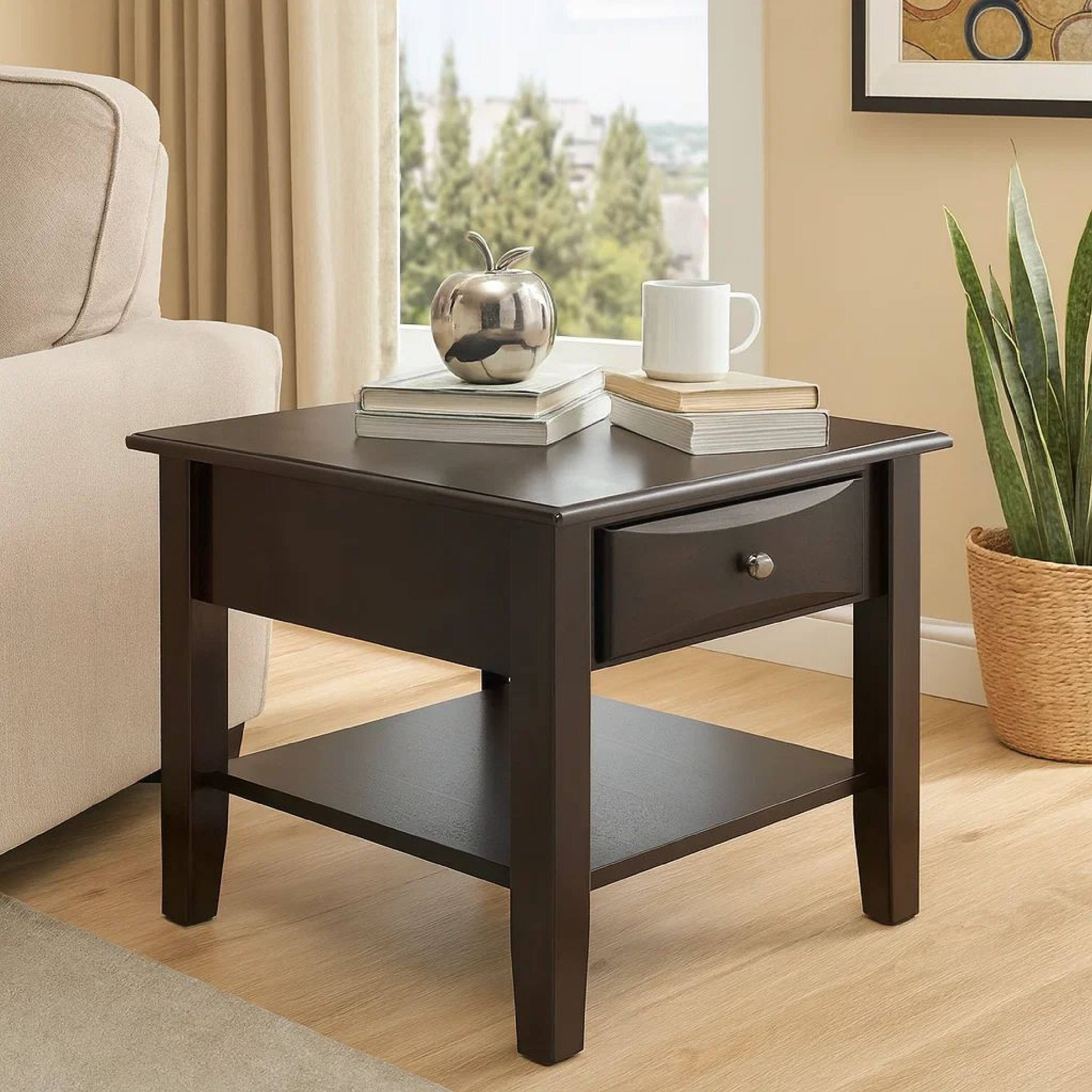 Alt View 3. Manhattan Lane - 24 Inch Classic Square End Table, Single Drawer, Bottom Shelf, Wood - Brown.