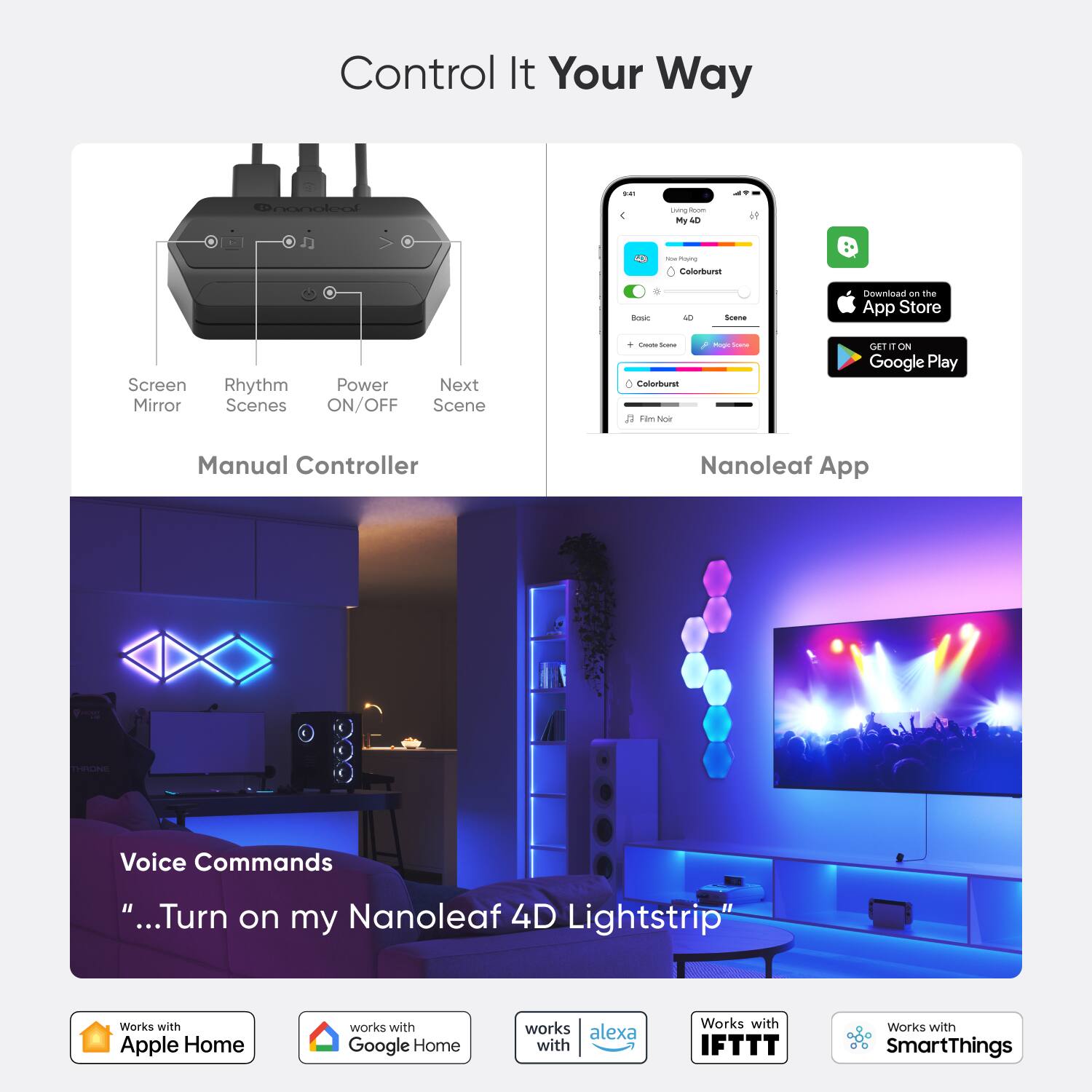 Control It Your Way Pronolol ... 4 - - My M - - 4D Lightstrip Anoen - Scana swnisas an 1e App Store Screen Mirror Rhythm Power Next Scenes ON/OFF Scene - - - Calorbu Fam sne - TA  ON Google Play Manual Controller Nanoleaf App T Voice Commands "...Turn on my Nanoleaf 4D Lightstrip" Works with Apple Home works with Google Home works with Alexa works with IFTTT works with SmartThings